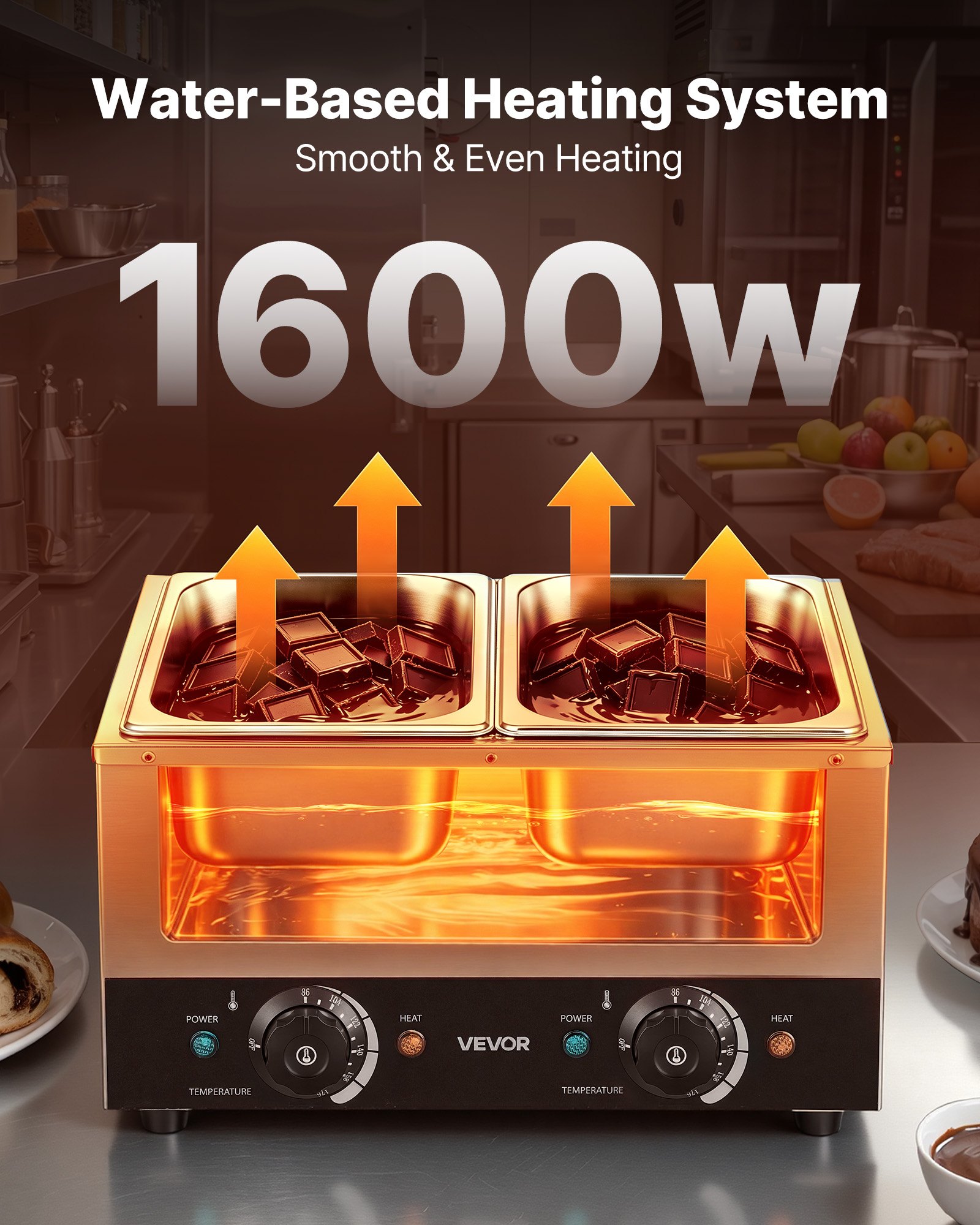 VEVOR 2-Temp Knob Chocolate Melting Machine, 2 Tanks 17.6 Lbs Choc Melter, 1600W Power, Independent Temp Control, Water Bath Heat System, Stainless Steel, 86℉ - 185℉, Cheese Warmer, Commercial & Home