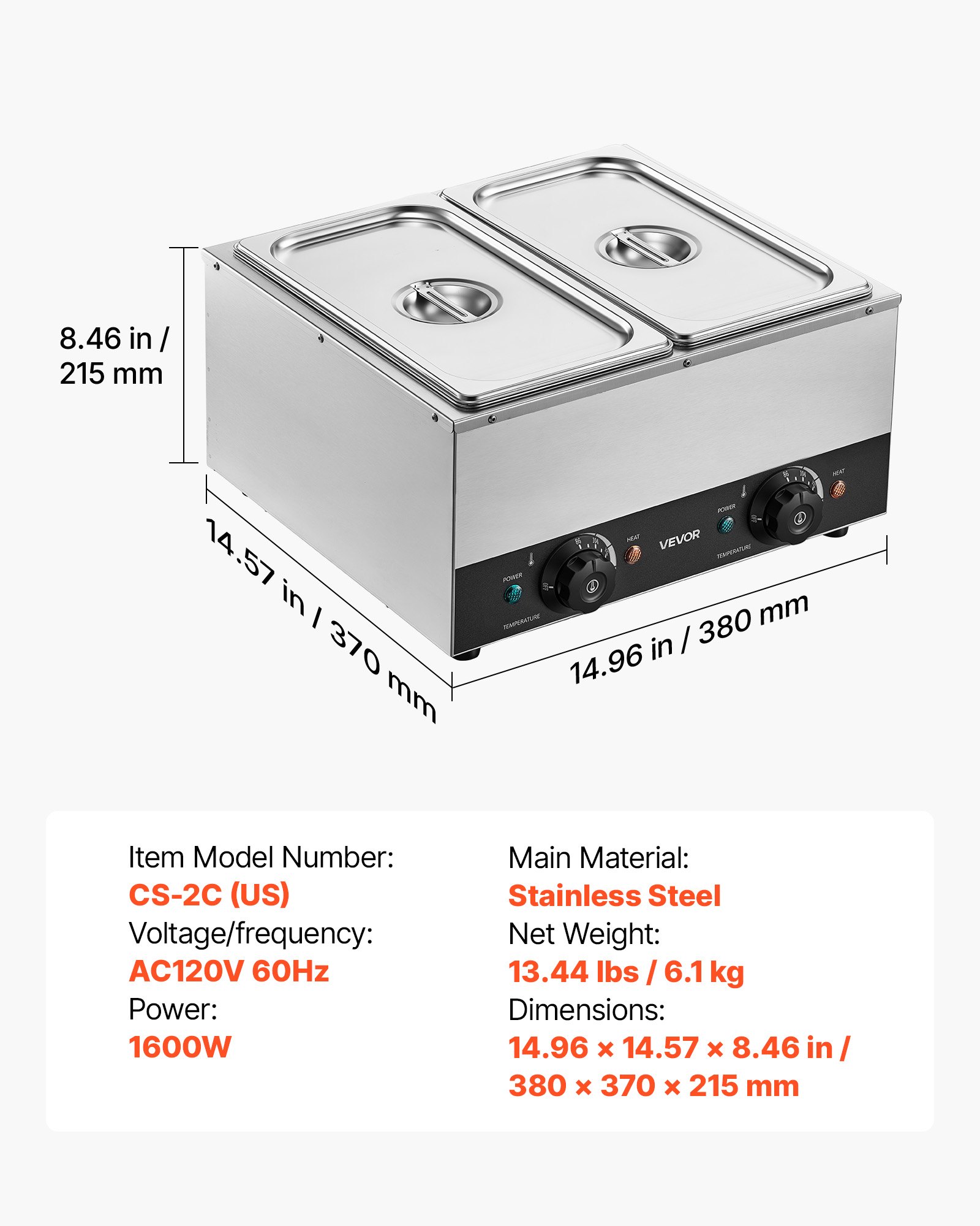 VEVOR 2-Temp Knob Chocolate Melting Machine, 2 Tanks 17.6 Lbs Choc Melter, 1600W Power, Independent Temp Control, Water Bath Heat System, Stainless Steel, 86℉ - 185℉, Cheese Warmer, Commercial & Home