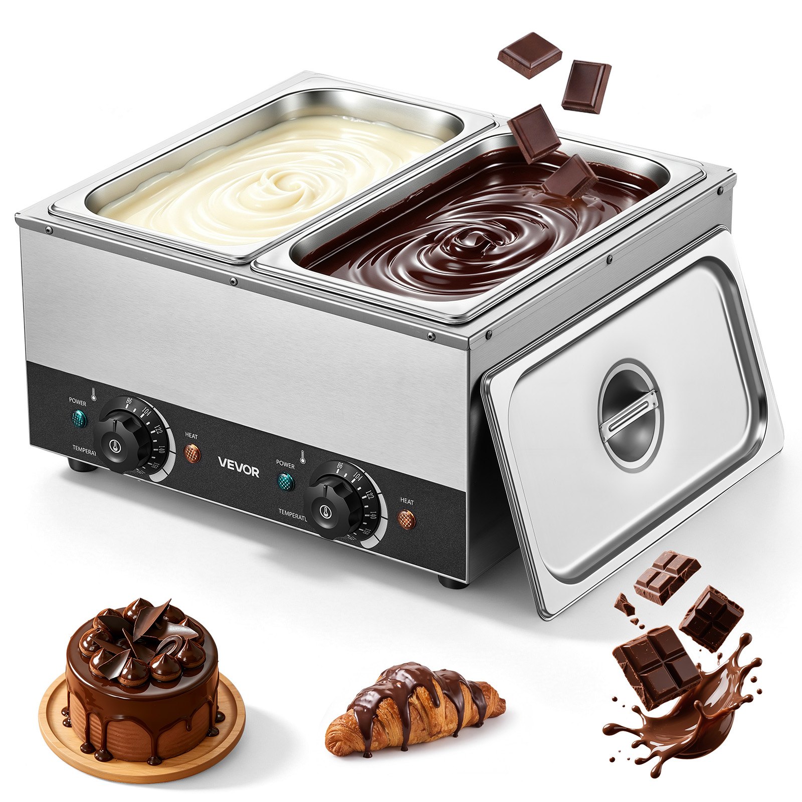 VEVOR 2-Temp Knob Chocolate Melting Machine, 2 Tanks 17.6 Lbs Choc Melter, 1600W Power, Independent Temp Control, Water Bath Heat System, Stainless Steel, 86℉ - 185℉, Cheese Warmer, Commercial & Home