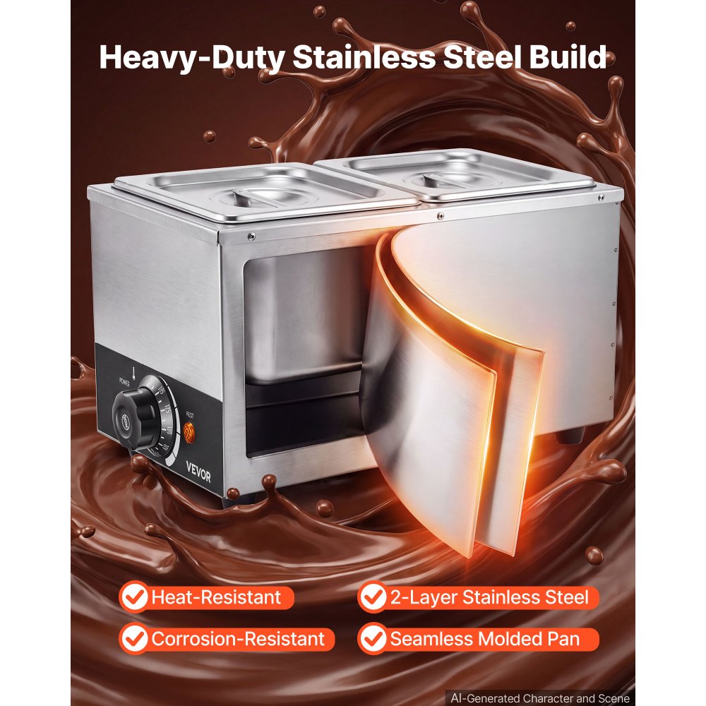 VEVOR Chocolate Melting Machine, 2 Tanks 9 Lbs Choc Commercial Melter, 800W High Power, Water Bath Heating System, Stainless Steel Body, 86℉- 185℉ Temp Range, Chocolate Warmer for Cheese Milk