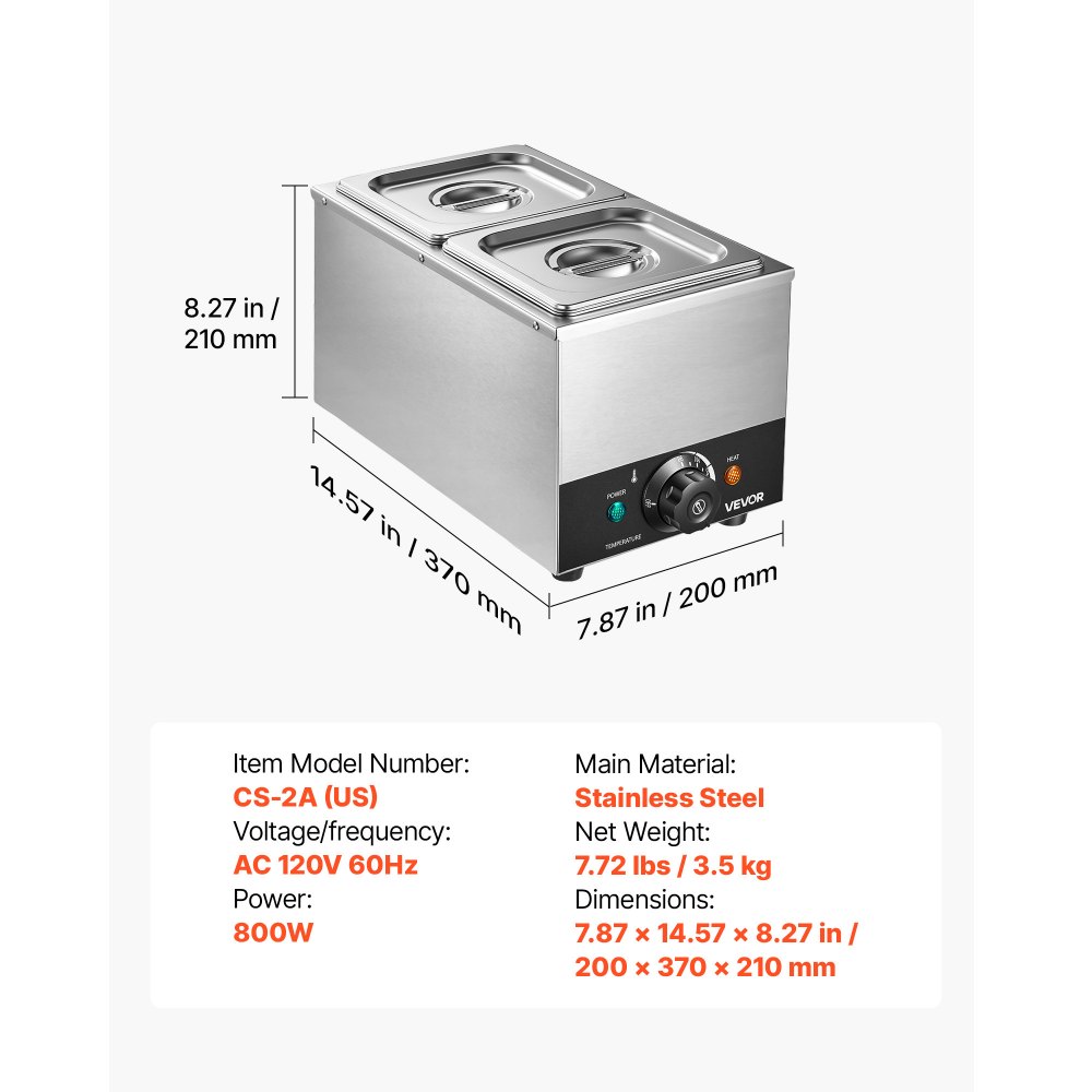 VEVOR Chocolate Melting Machine, 2 Tanks 9 Lbs Choc Commercial Melter, 800W High Power, Water Bath Heating System, Stainless Steel Body, 86℉- 185℉ Temp Range, Chocolate Warmer for Cheese Milk