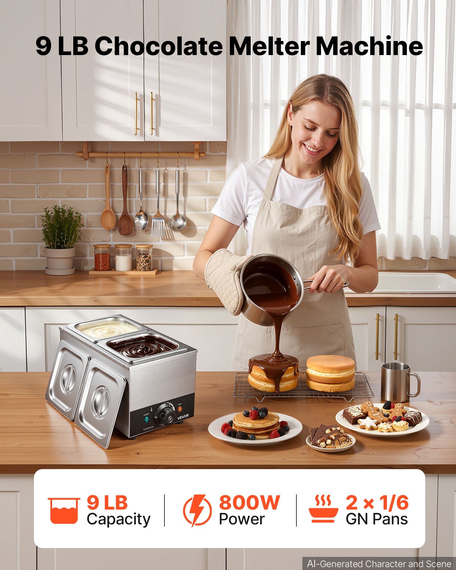 VEVOR Chocolate Melting Machine, 2 Tanks 9 Lbs Choc Commercial Melter, 800W High Power, Water Bath Heating System, Stainless Steel Body, 86℉- 185℉ Temp Range, Chocolate Warmer for Cheese Milk