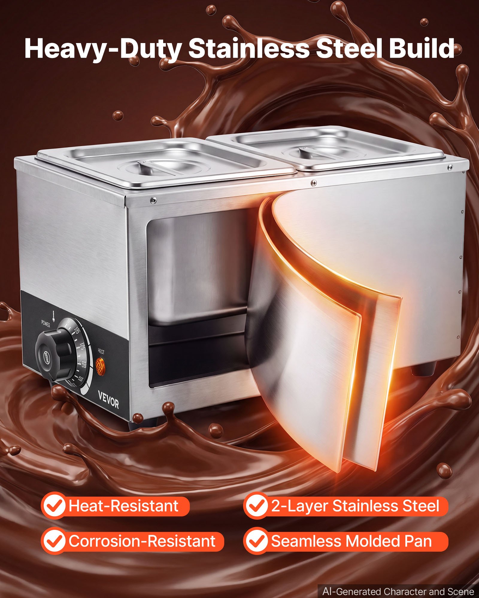 VEVOR Chocolate Melting Machine, 2 Tanks 9 Lbs Choc Commercial Melter, 800W High Power, Water Bath Heating System, Stainless Steel Body, 86℉- 185℉ Temp Range, Chocolate Warmer for Cheese Milk