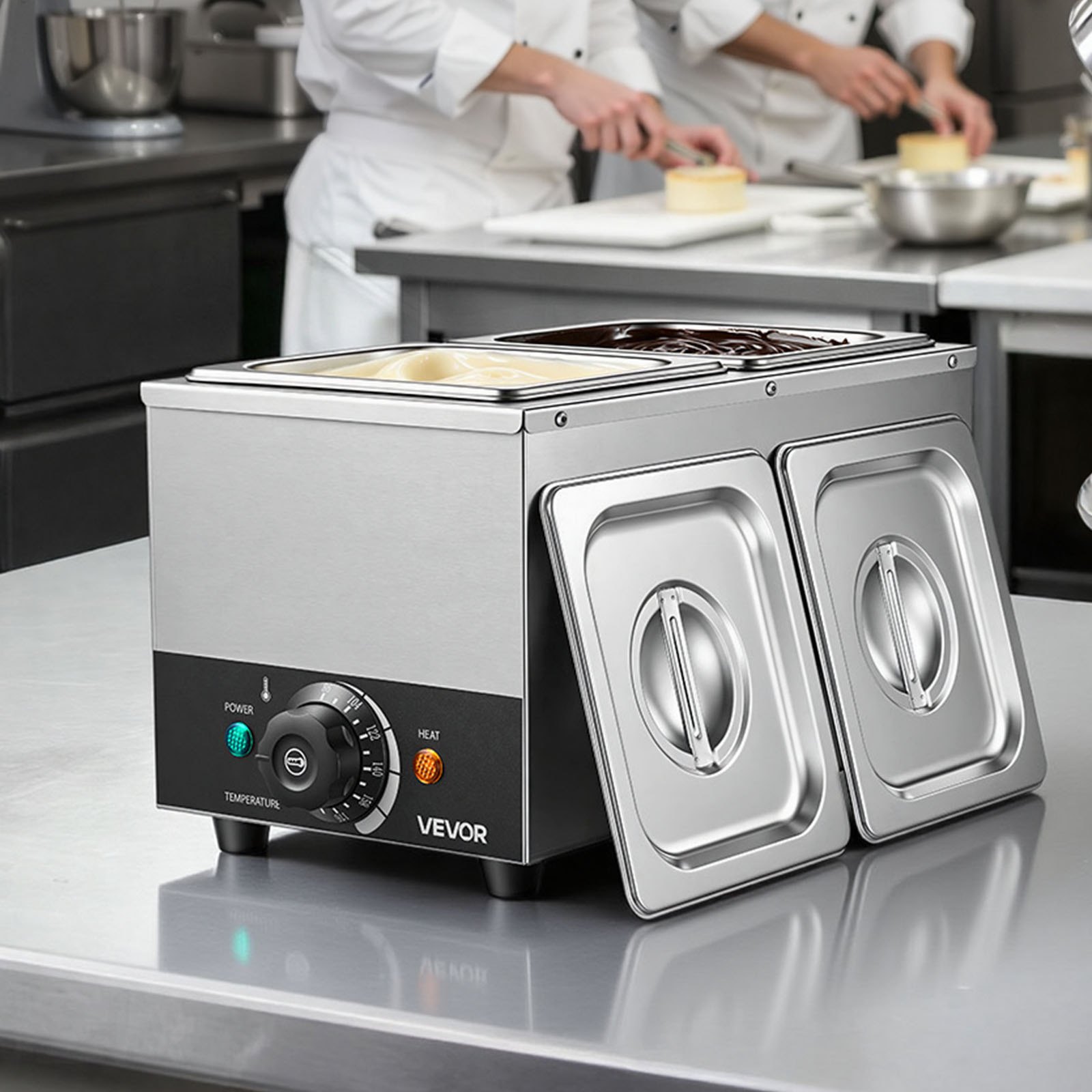VEVOR Chocolate Melting Machine, 2 Tanks 9 Lbs Choc Commercial Melter, 800W High Power, Water Bath Heating System, Stainless Steel Body, 86℉- 185℉ Temp Range, Chocolate Warmer for Cheese Milk