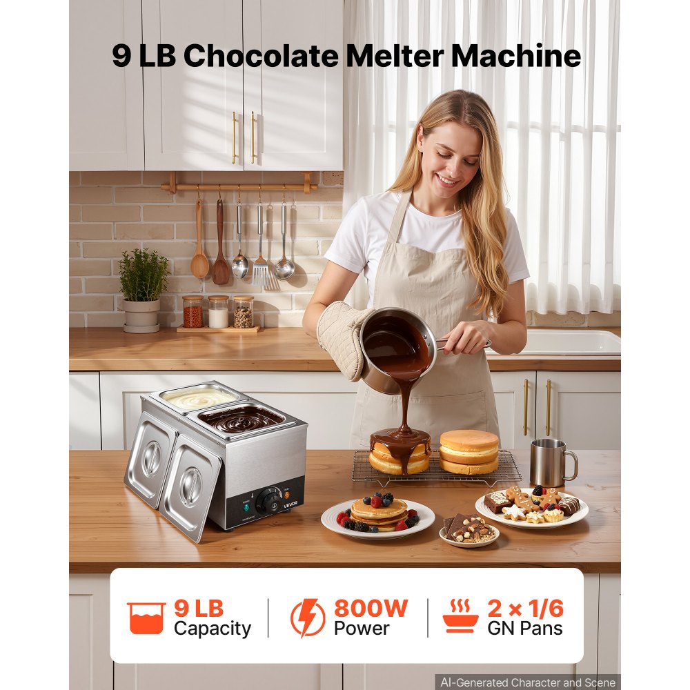 VEVOR Chocolate Melting Machine, 2 Tanks 4 kg Choc Commercial Melter, 800W High Power, Water Bath Heating System, Stainless Steel Body, 30℃ to 85℃ Temp Range, Chocolate Warmer for Cheese Milk