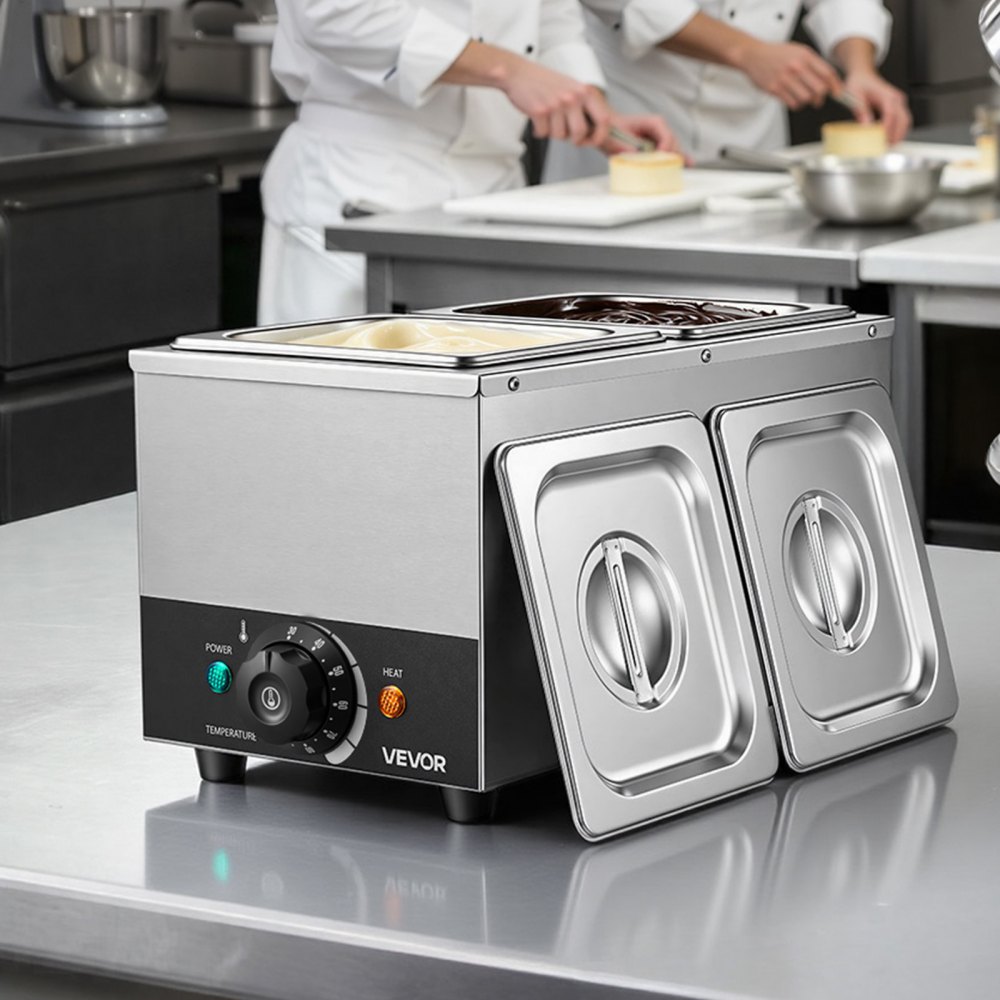 VEVOR Chocolate Melting Machine, 2 Tanks 4 kg Choc Commercial Melter, 800W High Power, Water Bath Heating System, Stainless Steel Body, 30℃ to 85℃ Temp Range, Chocolate Warmer for Cheese Milk