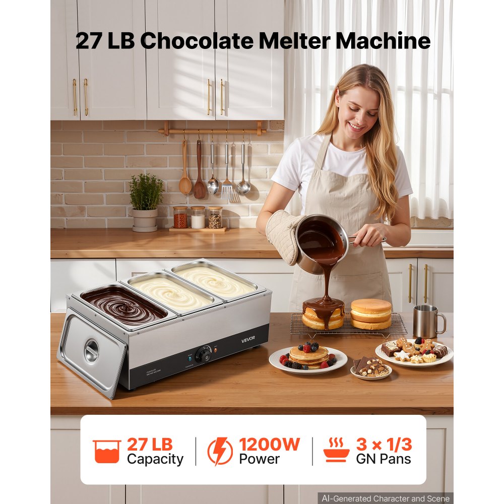 VEVOR Chocolate Melting Machine, 3 Tanks 27 Lbs Choc Commercial Melter, 1200W High Power, Water Bath Heating System, Stainless Steel Body, 86℉- 185℉ Temp Range, Chocolate Warmer for Cheese Milk