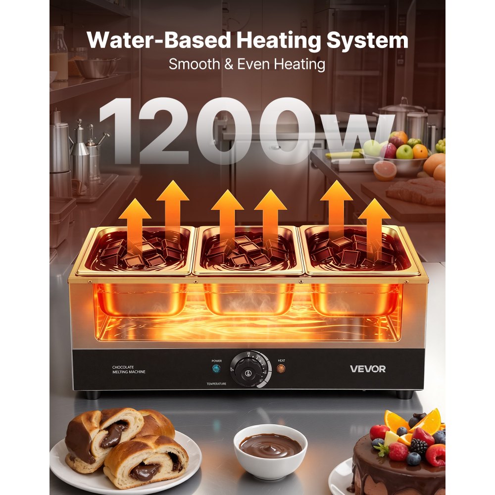 VEVOR Chocolate Melting Machine, 3 Tanks 27 Lbs Choc Commercial Melter, 1200W High Power, Water Bath Heating System, Stainless Steel Body, 86℉- 185℉ Temp Range, Chocolate Warmer for Cheese Milk