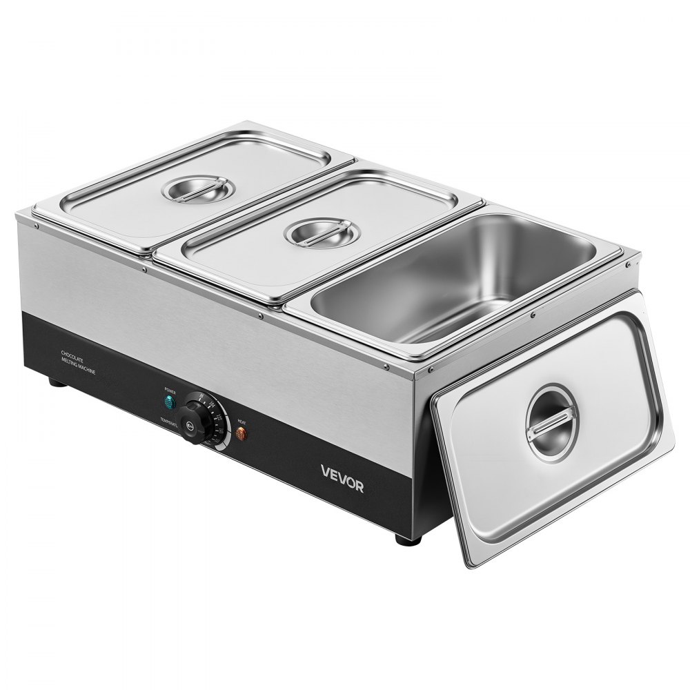 VEVOR Chocolate Melting Machine, 3 Tanks 27 Lbs Choc Commercial Melter, 1200W High Power, Water Bath Heating System, Stainless Steel Body, 86℉- 185℉ Temp Range, Chocolate Warmer for Cheese Milk