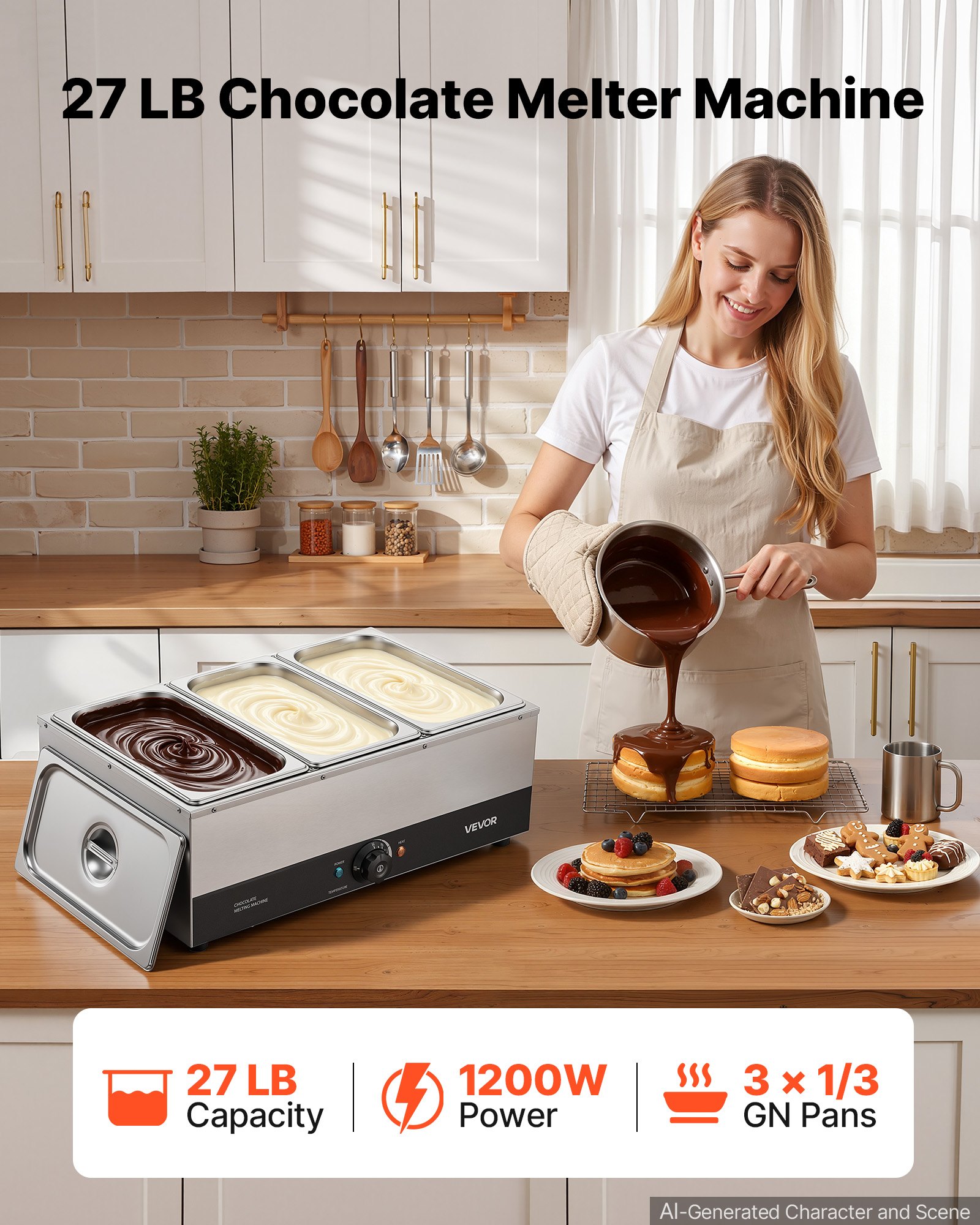 VEVOR Chocolate Melting Machine, 3 Tanks 27 Lbs Choc Commercial Melter, 1200W High Power, Water Bath Heating System, Stainless Steel Body, 86℉- 185℉ Temp Range, Chocolate Warmer for Cheese Milk