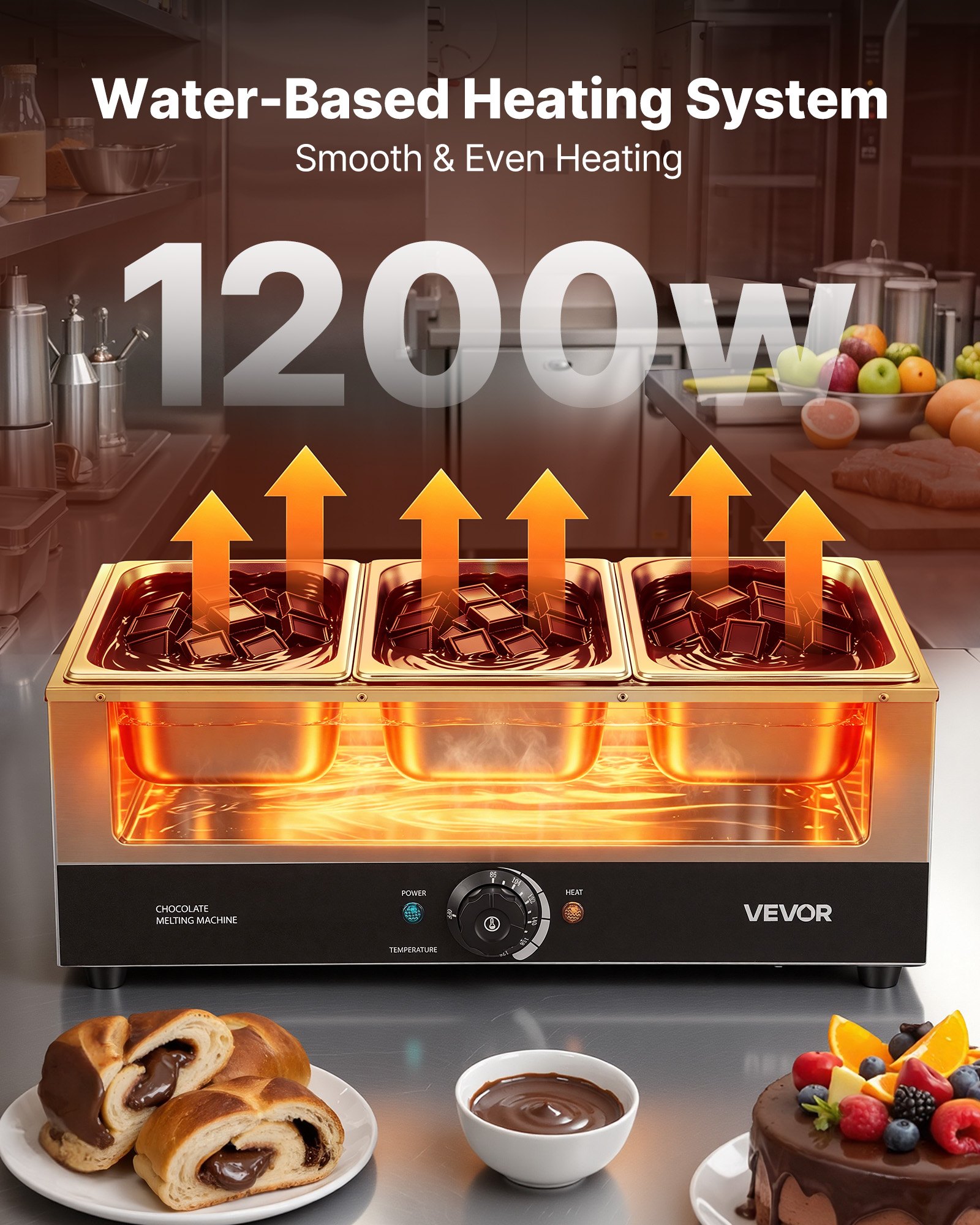 VEVOR Chocolate Melting Machine, 3 Tanks 27 Lbs Choc Commercial Melter, 1200W High Power, Water Bath Heating System, Stainless Steel Body, 86℉- 185℉ Temp Range, Chocolate Warmer for Cheese Milk