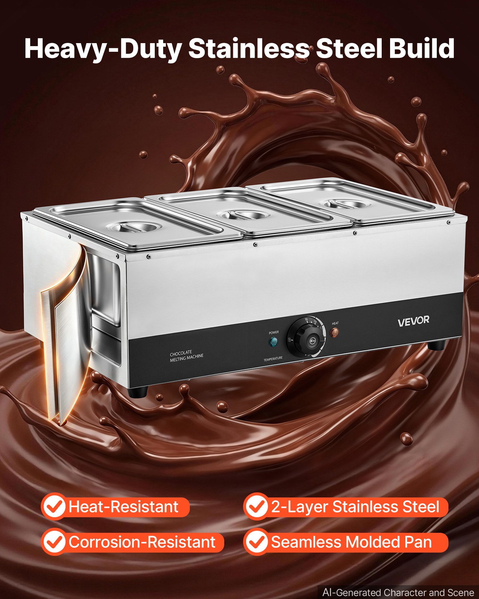 VEVOR Chocolate Melting Machine, 3 Tanks 27 Lbs Choc Commercial Melter, 1200W High Power, Water Bath Heating System, Stainless Steel Body, 86℉- 185℉ Temp Range, Chocolate Warmer for Cheese Milk