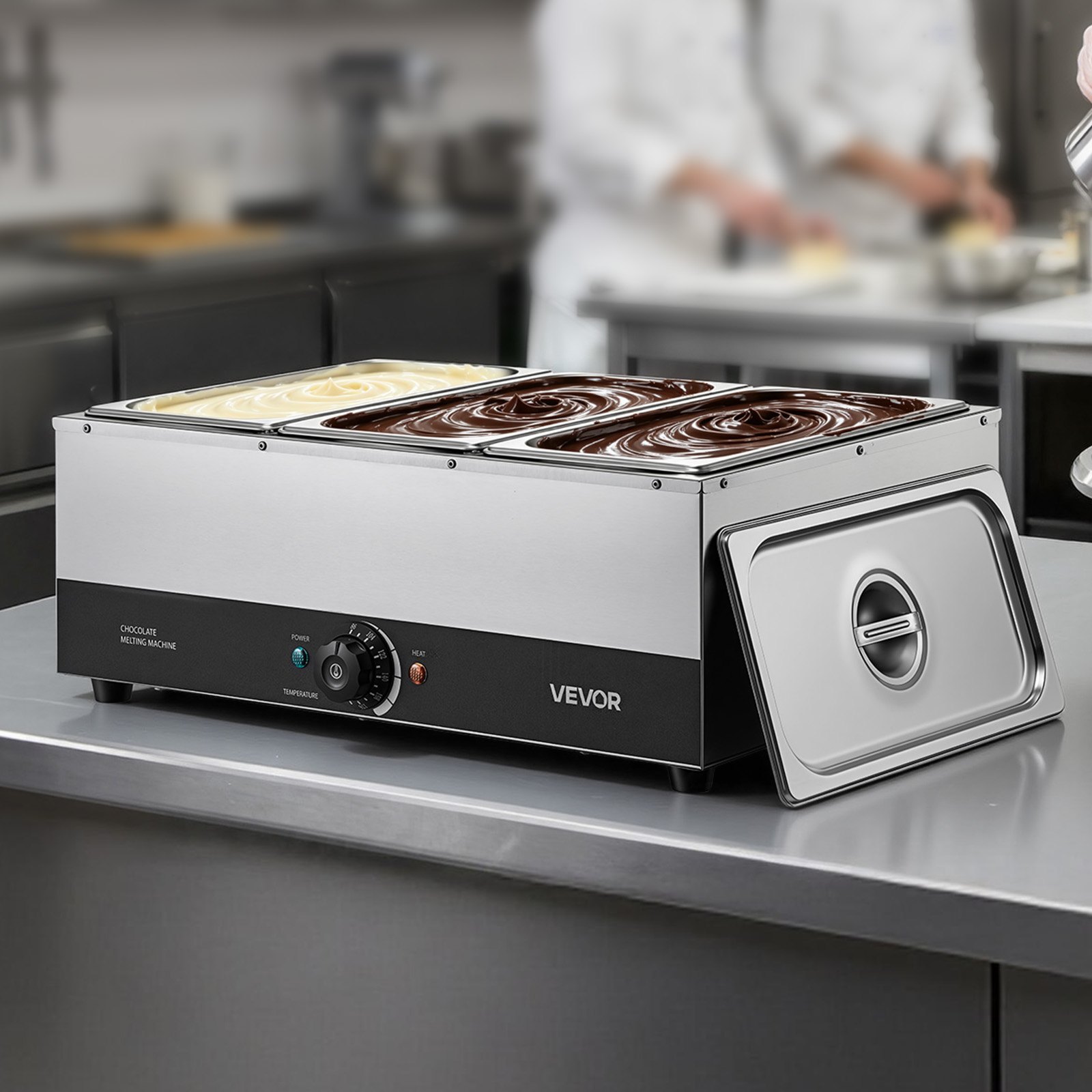 VEVOR Chocolate Melting Machine, 3 Tanks 27 Lbs Choc Commercial Melter, 1200W High Power, Water Bath Heating System, Stainless Steel Body, 86℉- 185℉ Temp Range, Chocolate Warmer for Cheese Milk