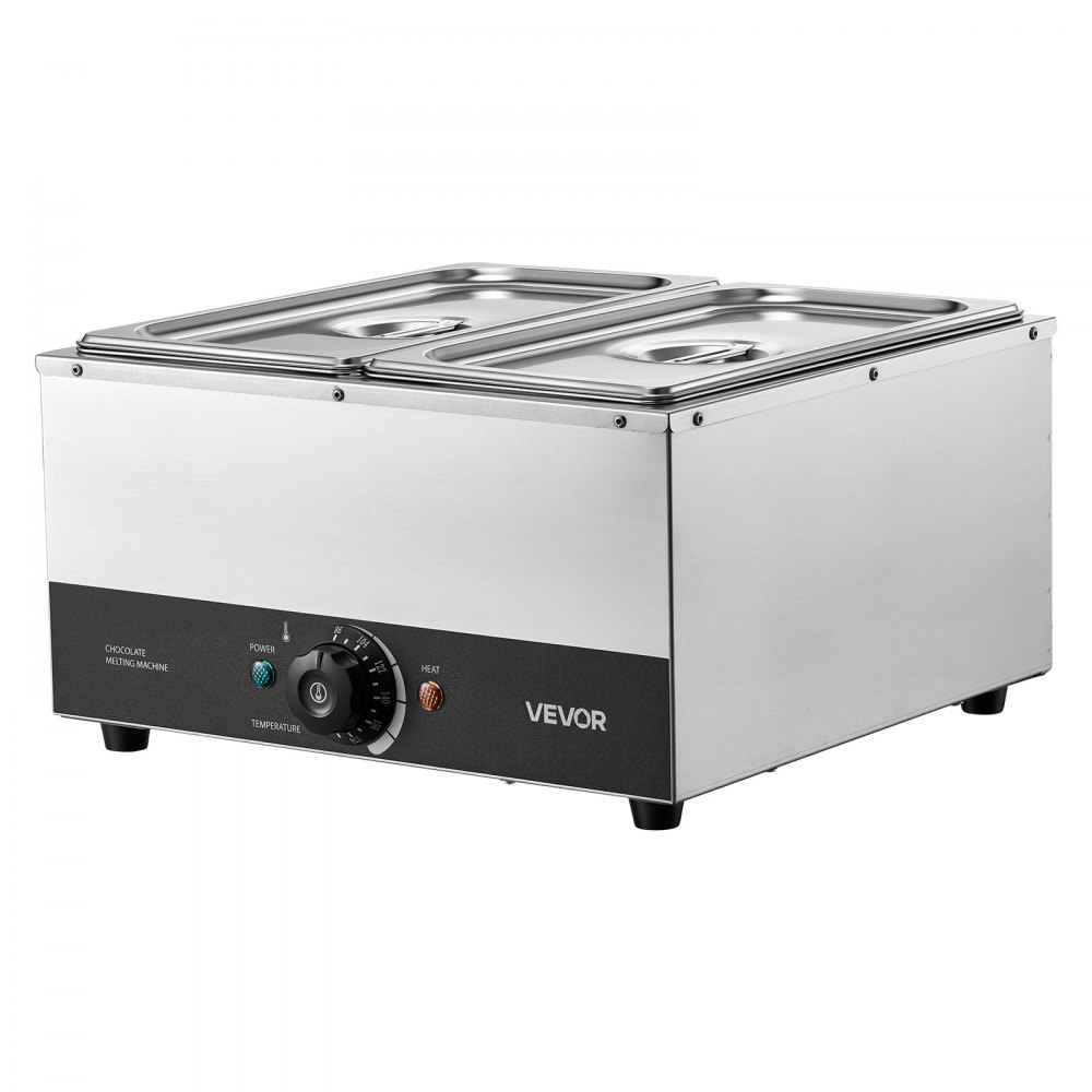 VEVOR Chocolate Melting Machine, 2 Tanks 17.6 Lbs Choc Commercial Melter, 1200W High Power, Water Bath Heating System, Stainless Steel Body, 86℉- 185℉ Temp Range, Chocolate Warmer for Cheese Milk