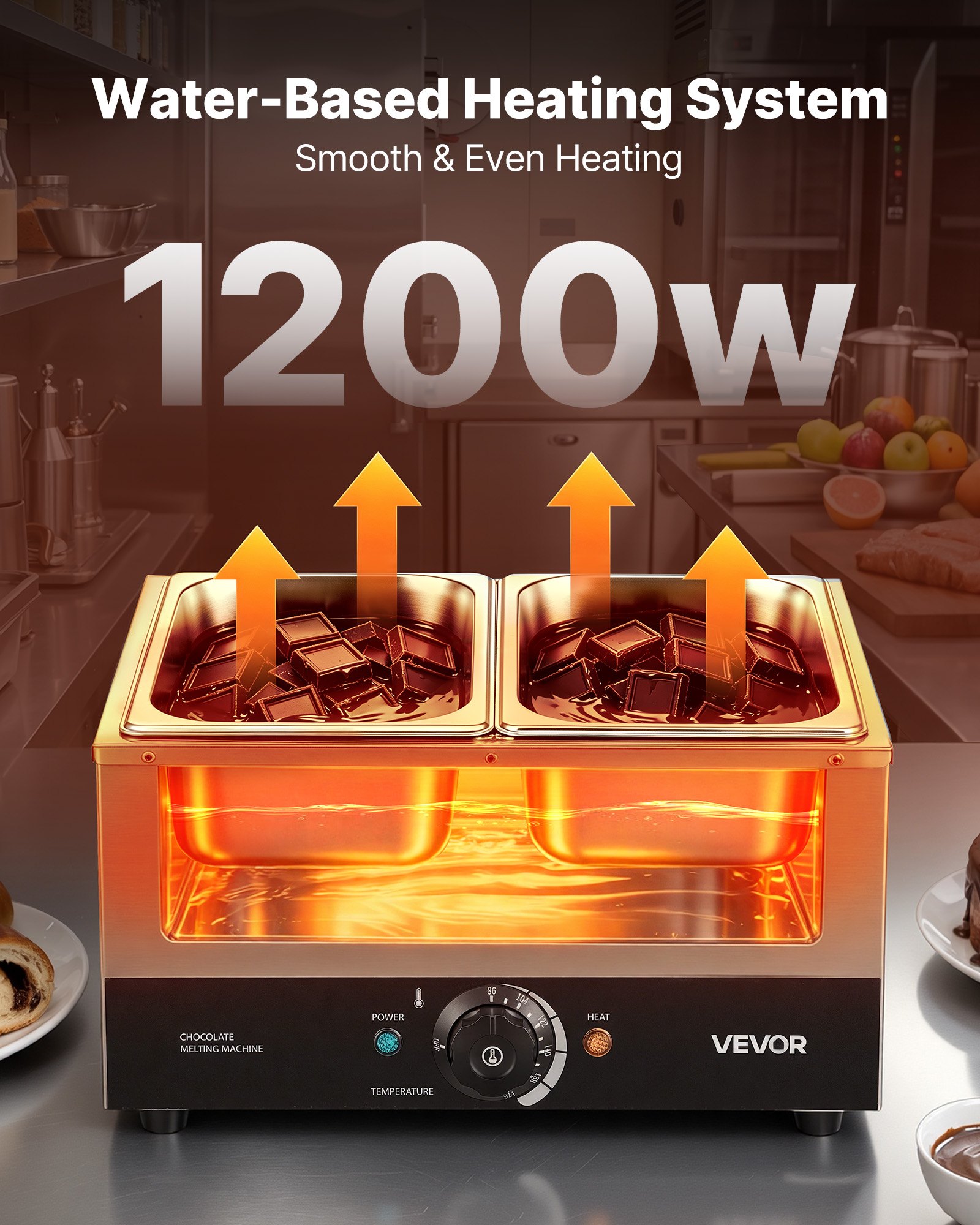 VEVOR Chocolate Melting Machine, 2 Tanks 17.6 Lbs Choc Commercial Melter, 1200W High Power, Water Bath Heating System, Stainless Steel Body, 86℉- 185℉ Temp Range, Chocolate Warmer for Cheese Milk