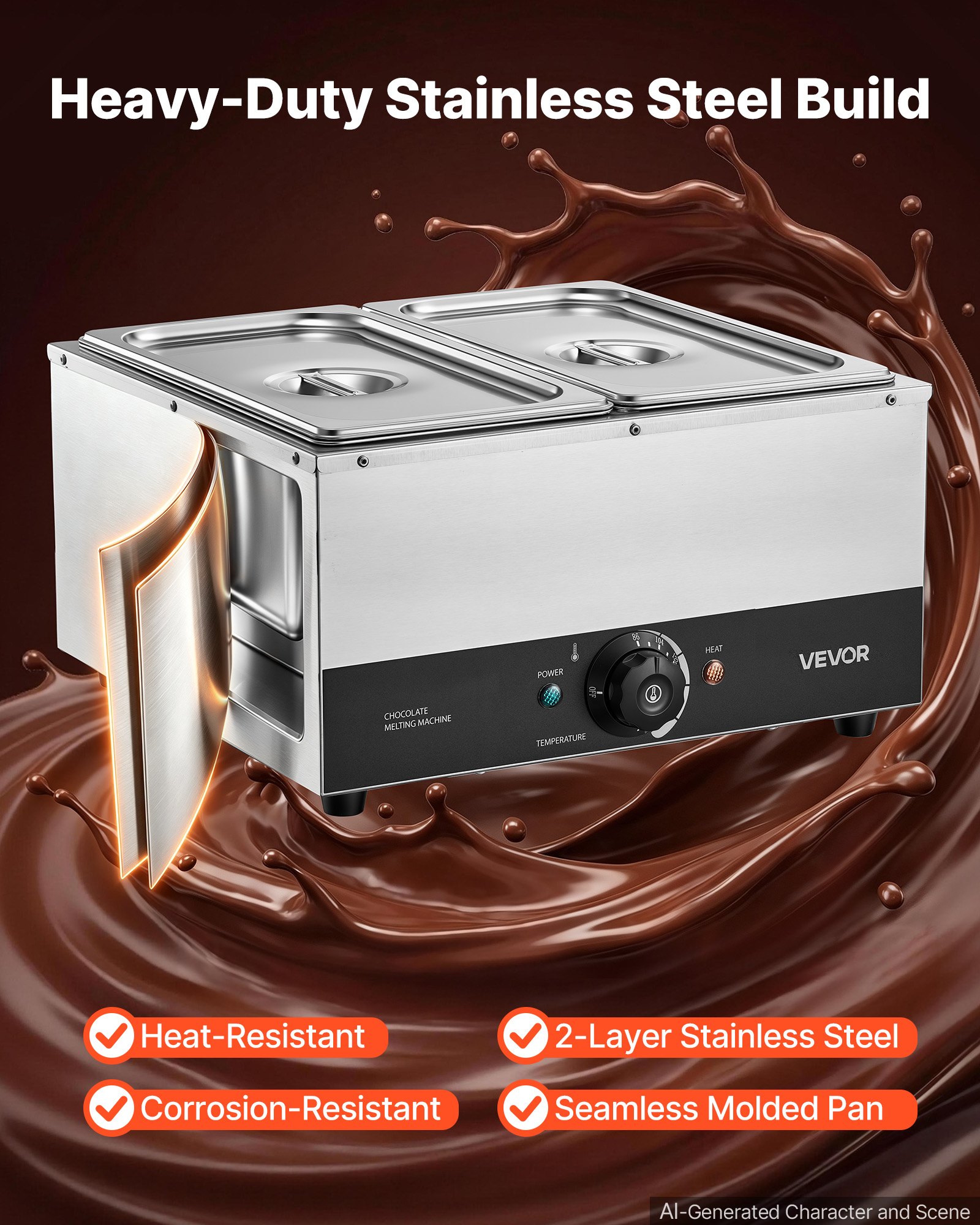 VEVOR Chocolate Melting Machine, 2 Tanks 17.6 Lbs Choc Commercial Melter, 1200W High Power, Water Bath Heating System, Stainless Steel Body, 86℉- 185℉ Temp Range, Chocolate Warmer for Cheese Milk