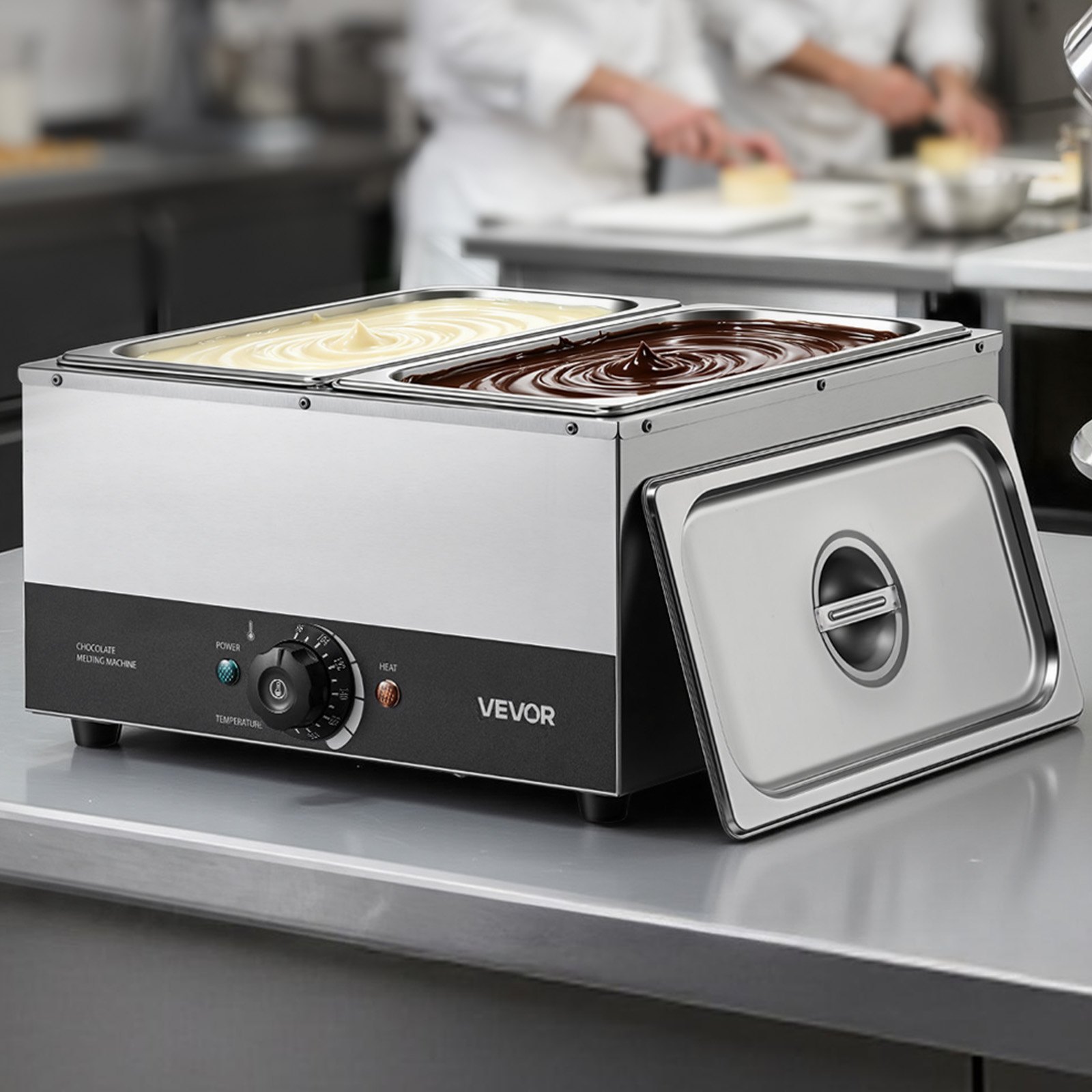 VEVOR Chocolate Melting Machine, 2 Tanks 17.6 Lbs Choc Commercial Melter, 1200W High Power, Water Bath Heating System, Stainless Steel Body, 86℉- 185℉ Temp Range, Chocolate Warmer for Cheese Milk