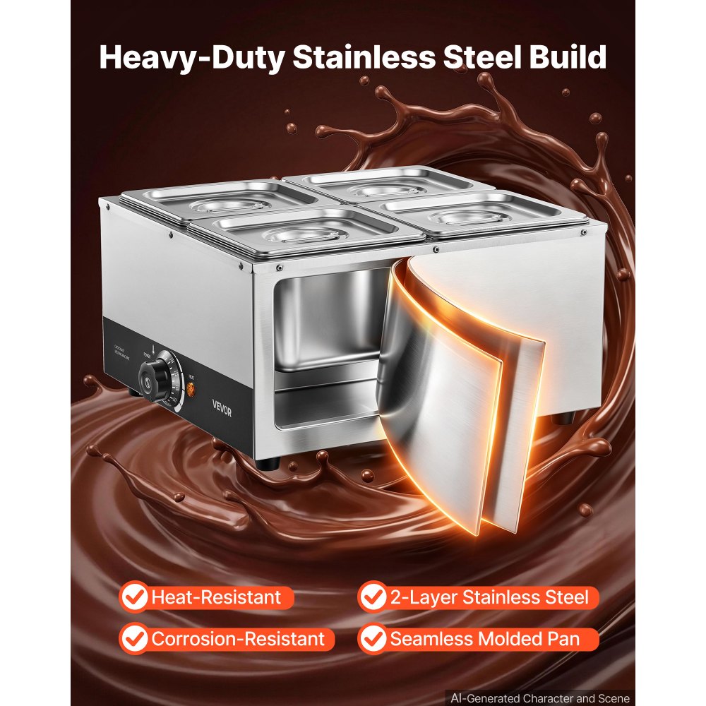 VEVOR Chocolate Melting Machine, 4 Tanks 17.6 Lbs Choc Commercial Melter, 1200W High Power, Water Bath Heating System, Stainless Steel Body, 86℉- 185℉ Temp Range, Chocolate Warmer for Cheese Milk