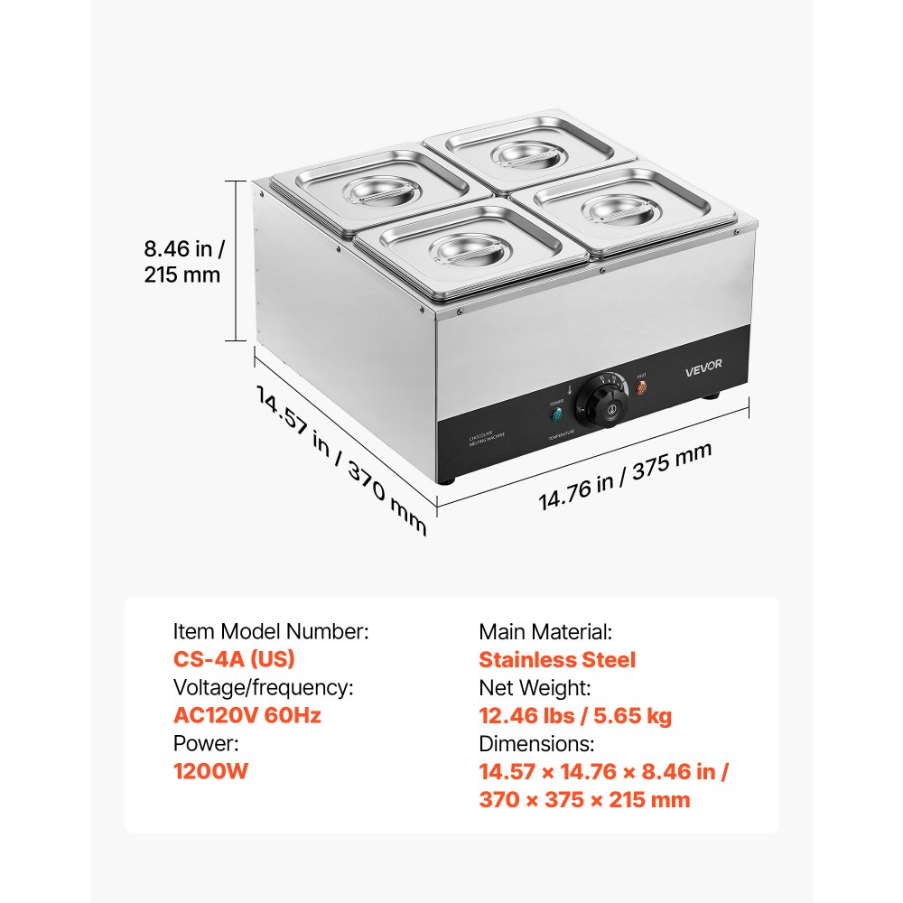 VEVOR Chocolate Melting Machine, 4 Tanks 17.6 Lbs Choc Commercial Melter, 1200W High Power, Water Bath Heating System, Stainless Steel Body, 86℉- 185℉ Temp Range, Chocolate Warmer for Cheese Milk
