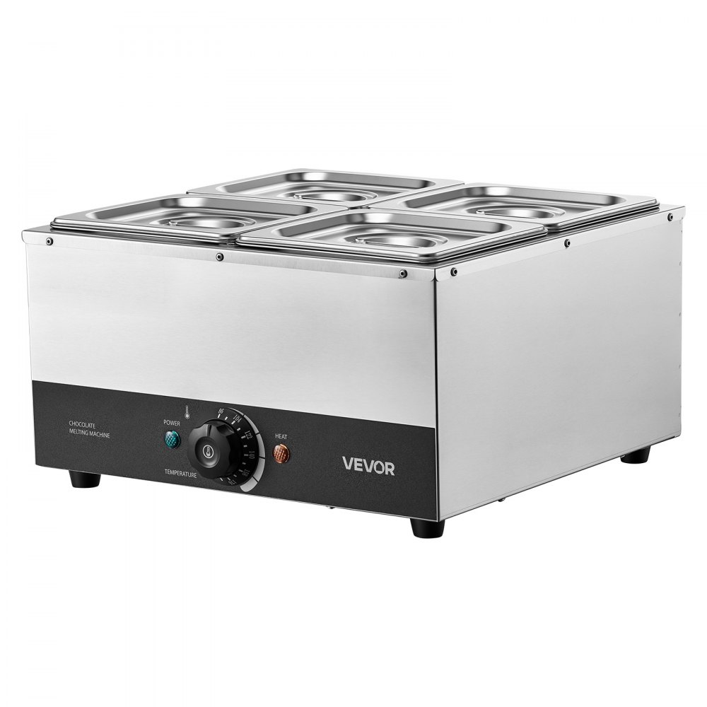 VEVOR Chocolate Melting Machine, 4 Tanks 17.6 Lbs Choc Commercial Melter, 1200W High Power, Water Bath Heating System, Stainless Steel Body, 86℉- 185℉ Temp Range, Chocolate Warmer for Cheese Milk