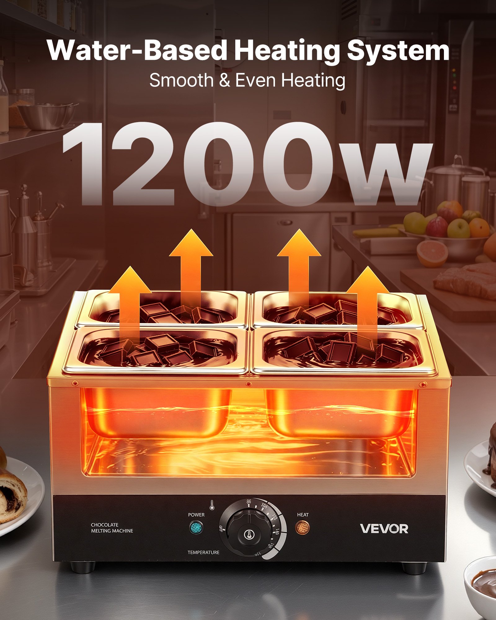 VEVOR Chocolate Melting Machine, 4 Tanks 17.6 Lbs Choc Commercial Melter, 1200W High Power, Water Bath Heating System, Stainless Steel Body, 86℉- 185℉ Temp Range, Chocolate Warmer for Cheese Milk