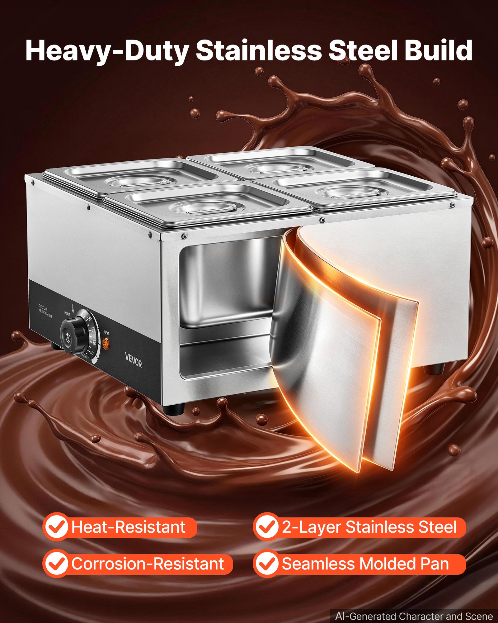 VEVOR Chocolate Melting Machine, 4 Tanks 17.6 Lbs Choc Commercial Melter, 1200W High Power, Water Bath Heating System, Stainless Steel Body, 86℉- 185℉ Temp Range, Chocolate Warmer for Cheese Milk