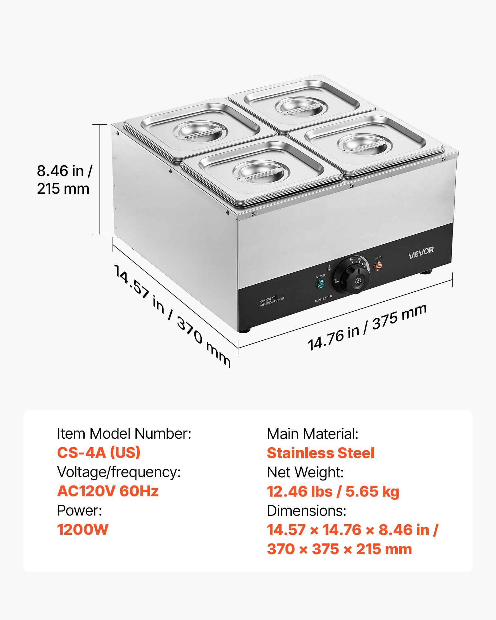 VEVOR Chocolate Melting Machine, 4 Tanks 17.6 Lbs Choc Commercial Melter, 1200W High Power, Water Bath Heating System, Stainless Steel Body, 86℉- 185℉ Temp Range, Chocolate Warmer for Cheese Milk