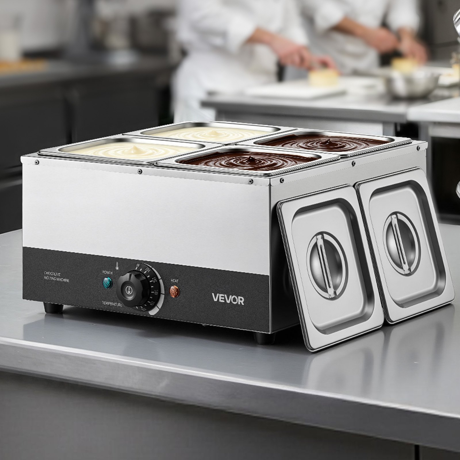 VEVOR Chocolate Melting Machine, 4 Tanks 17.6 Lbs Choc Commercial Melter, 1200W High Power, Water Bath Heating System, Stainless Steel Body, 86℉- 185℉ Temp Range, Chocolate Warmer for Cheese Milk