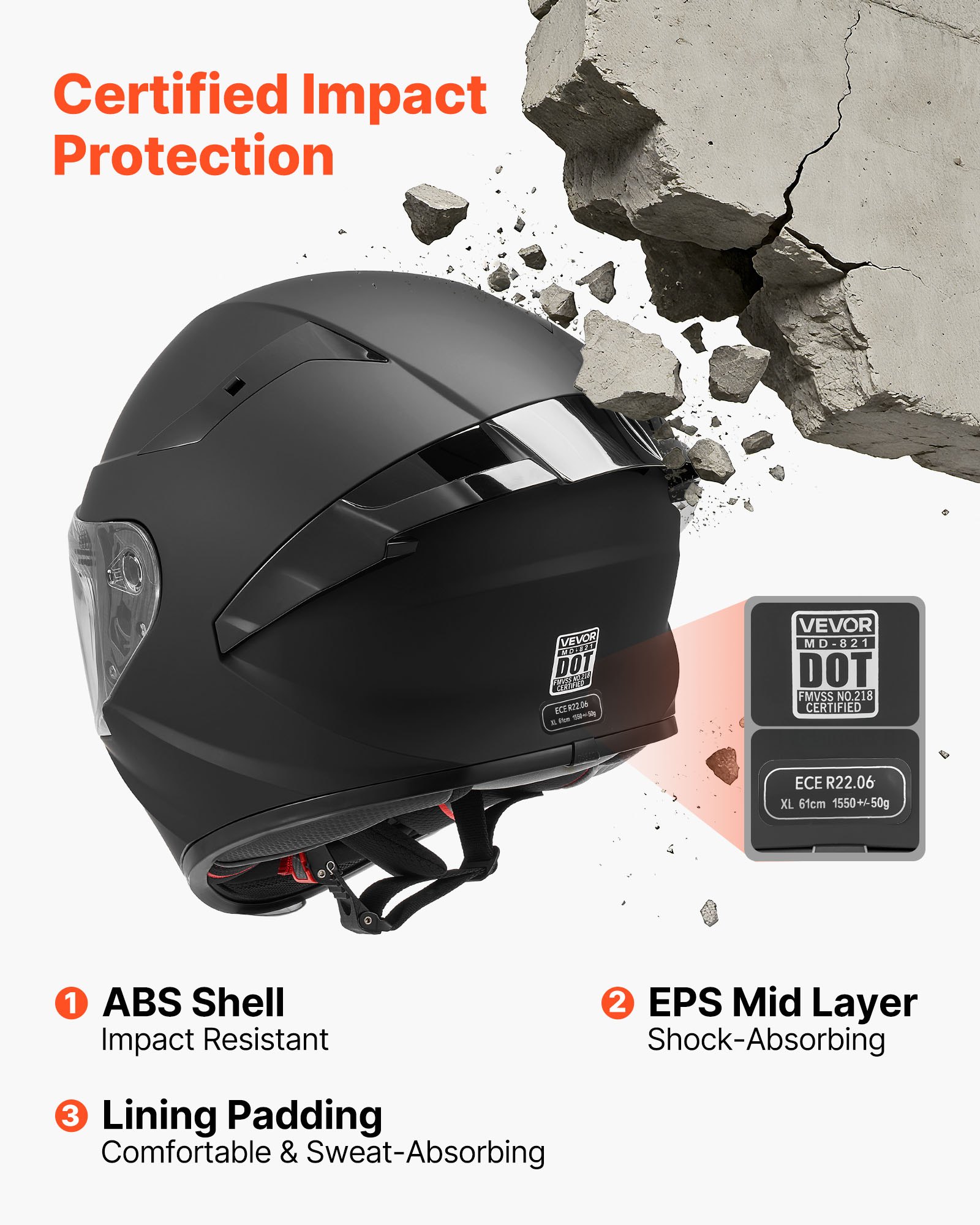 VEVOR Full Face Motorcycle Helmets, Adult Motocross Dirt Bike Helmet with Clear Visor, Lightweight Comfortable Motorcycle Street Bike Helmet for Men and Women - DOT & ECE Approved (XL Size)