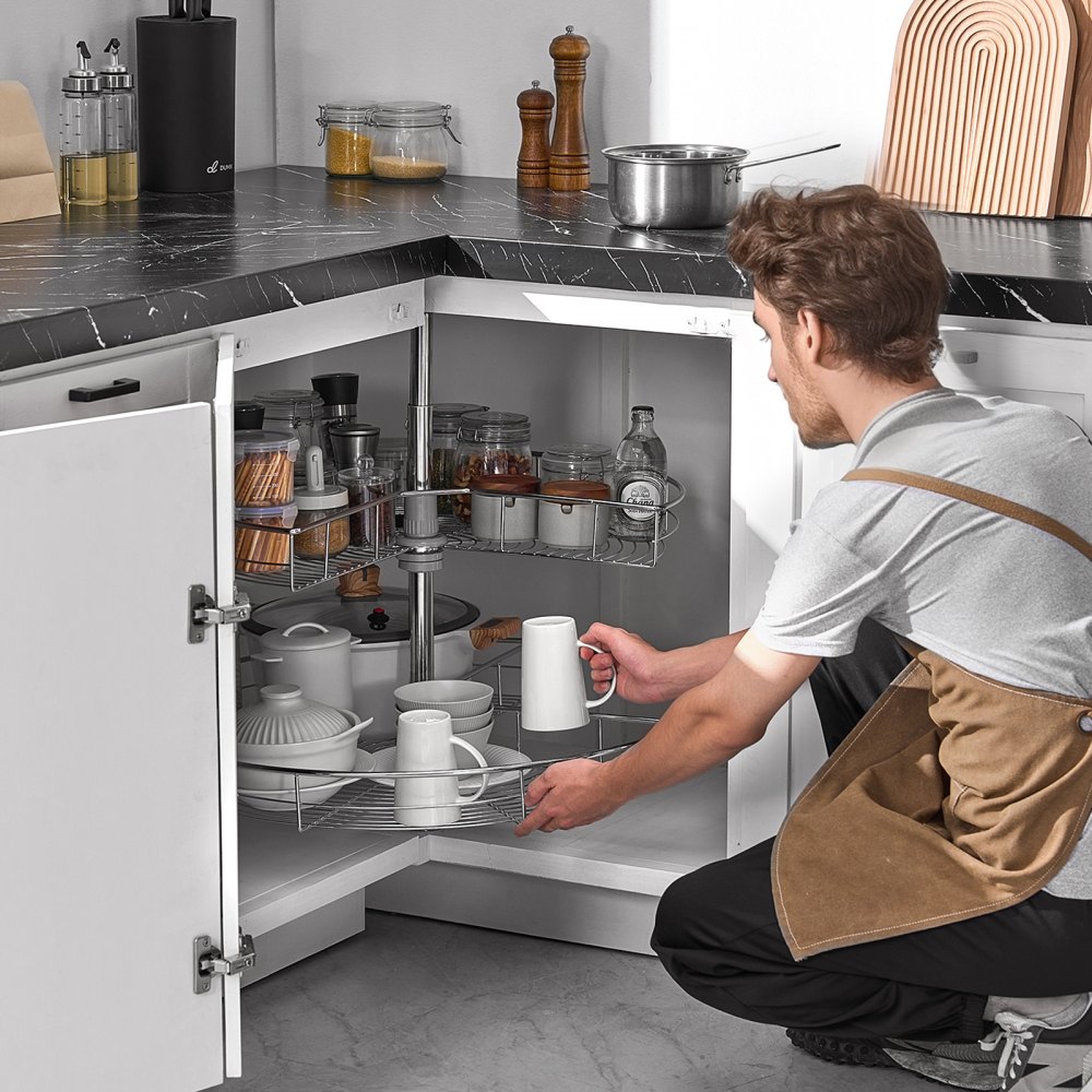 VEVOR 28" Kidney Shaped Chrome Corner Organizer, 360° Rotatble Kitchen Base Cabinet Blind Corner, 2 Tier Height Adjustable Storage Rack, Carbon Steel Lazy Susan Replacement Shelf for Cabinet Corner