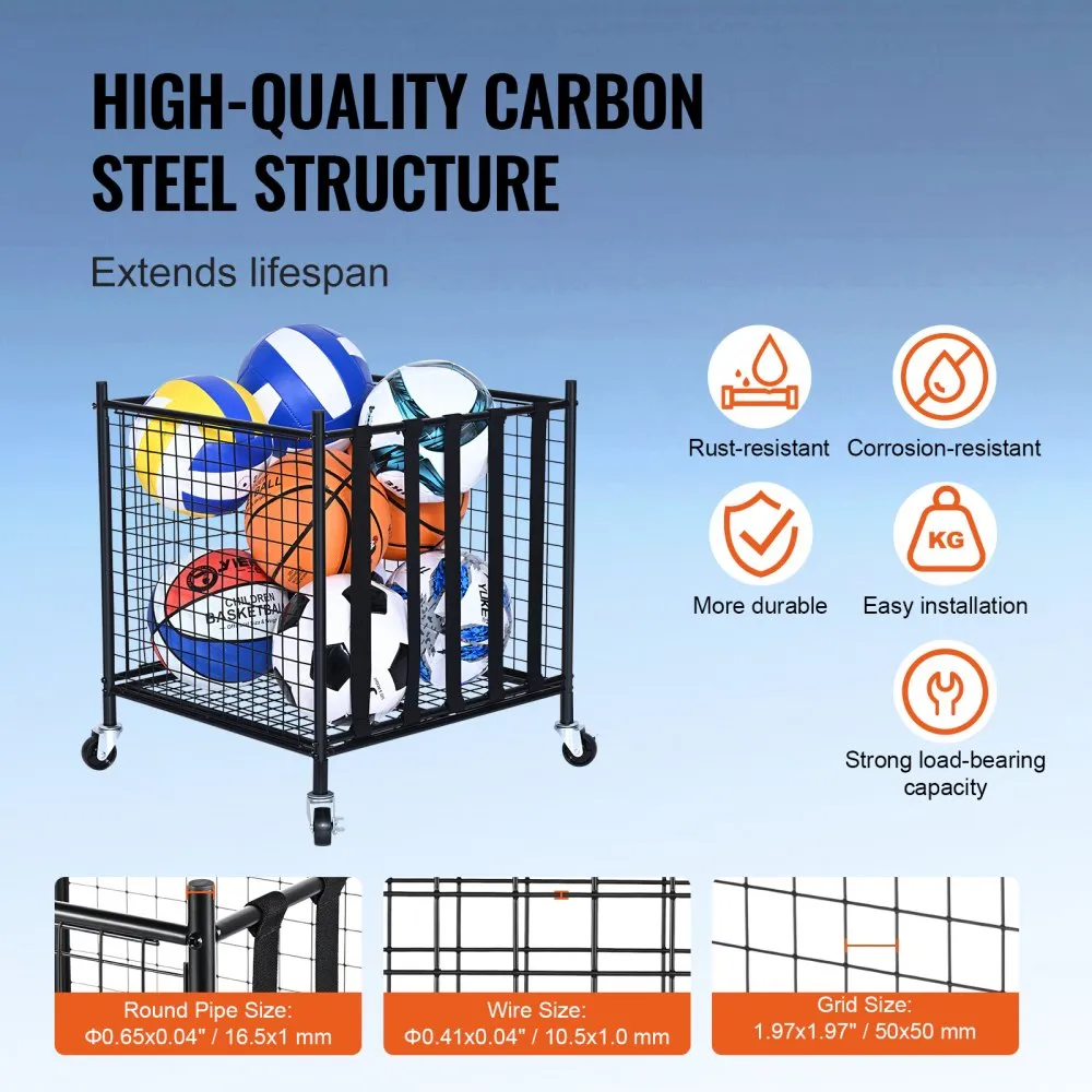 VEVOR Rolling Sports Ball Storage Cart, Lockable Basketball Cage with Elastic Straps, Sport Equipment Holder Organizer for Indoor Outdoor, Steel Storage Rack for Garages, Playgroup, Gym and Schools
