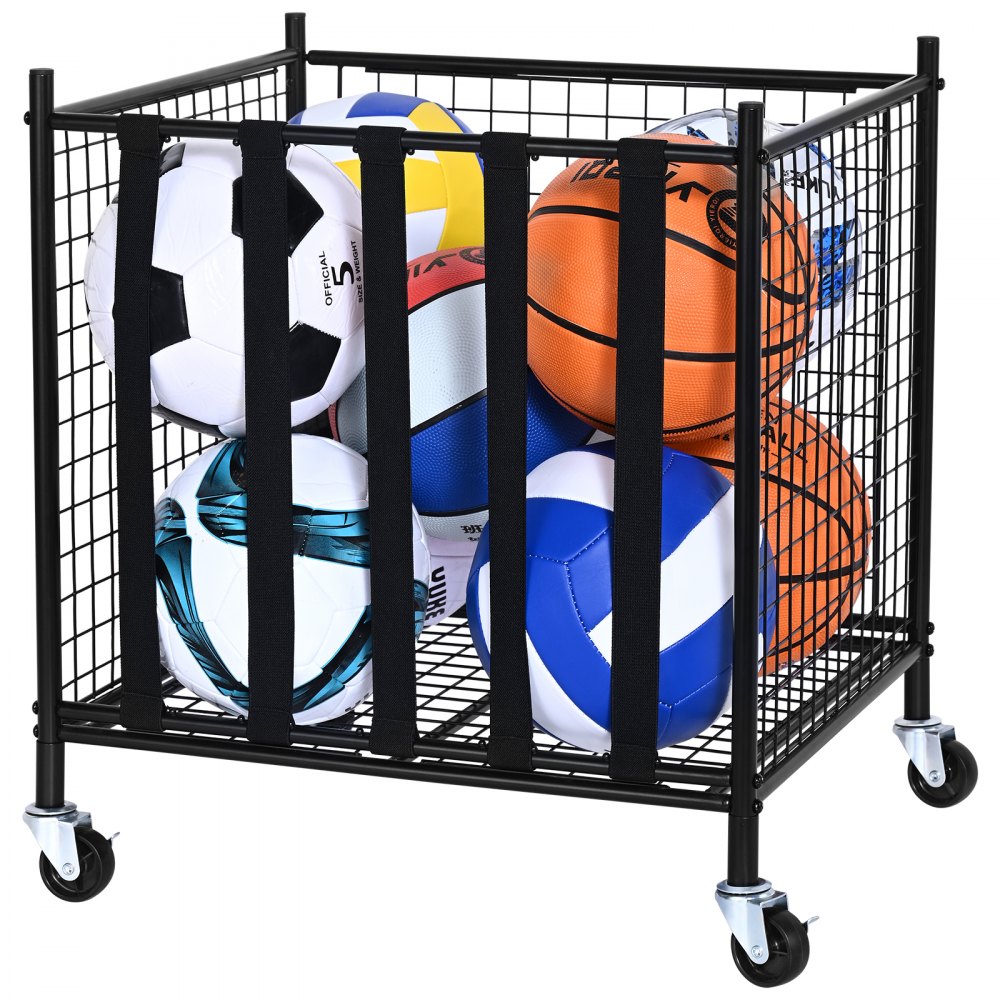 VEVOR VEVOR Carro de almacenamiento de pelotas deportivas con ruedas, jaula  de baloncesto con cerradura con correas elásticas, organizador de equipos  deportivos para interiores y exteriores, estante de almacenamiento de acero  para