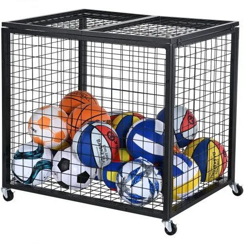 VEVOR Rolling Sports Ball Storage Cart, Basketball Cage with Double Lids, Sport Equipment Holder Organizer for Indoor Outdoor, Steel Storage Rack for Garages, Playgroup, Gym and Schools