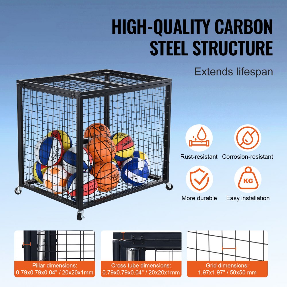 VEVOR sports ball storage cart made of high-quality carbon steel, filled with various sports balls.