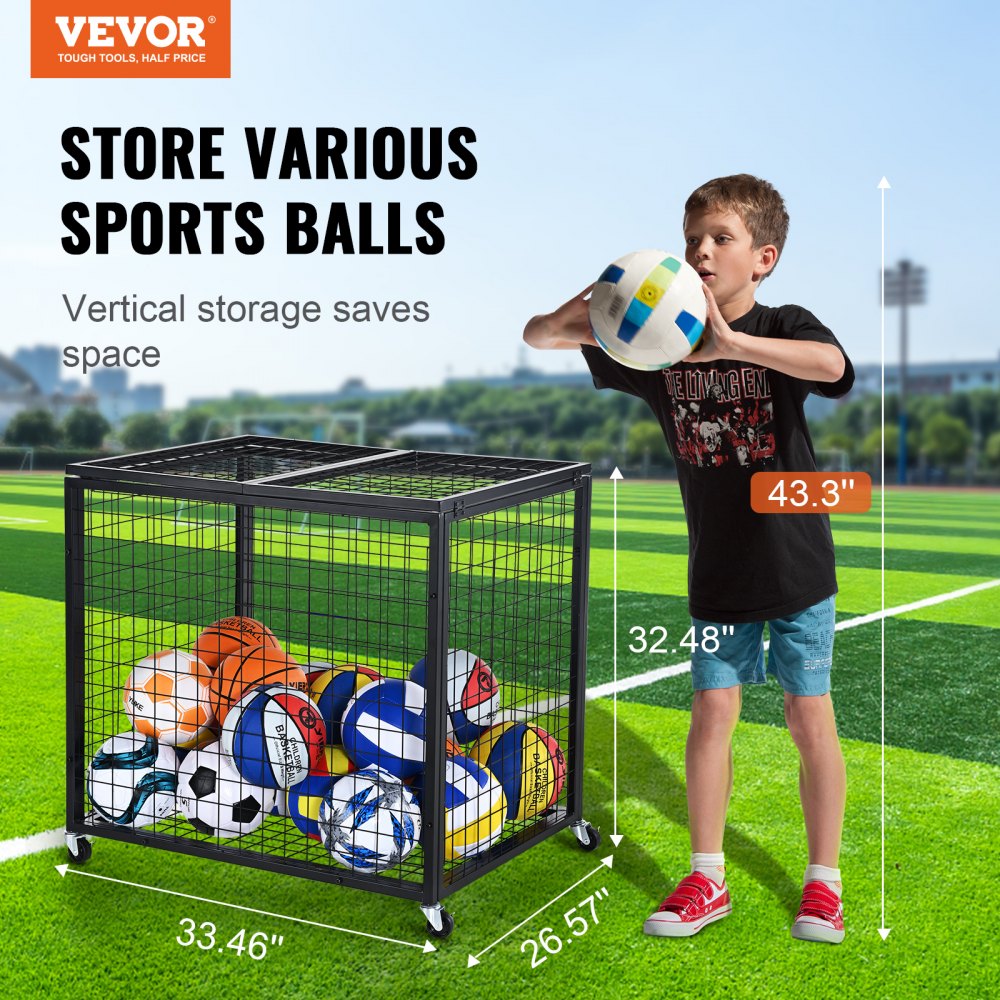 VEVOR Rolling Sports Ball Storage Cart, Basketball Cage with Double Lids, Sport Equipment Holder Organizer for Indoor Outdoor, Steel Storage Rack for Garages, Playgroup, Gym and Schools