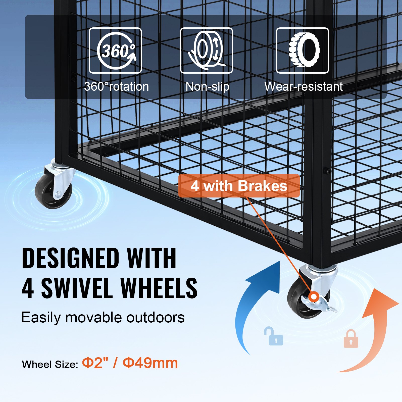 VEVOR sports ball storage cart with four swivel wheels, non-slip, wear-resistant, and brakes.
