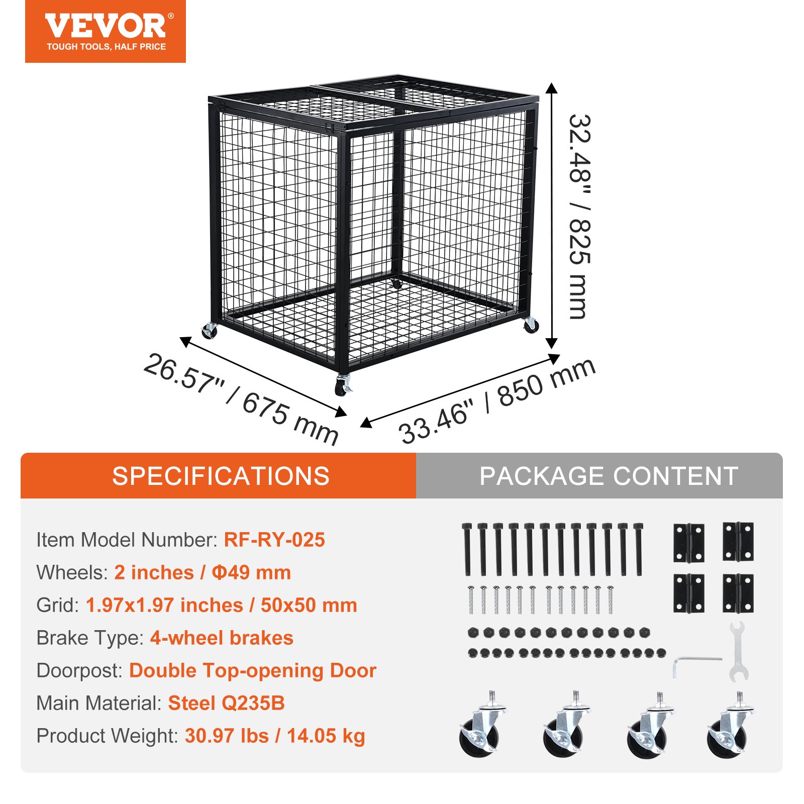 VEVOR sports ball storage cart dimensions and specifications in inches and millimeters.
