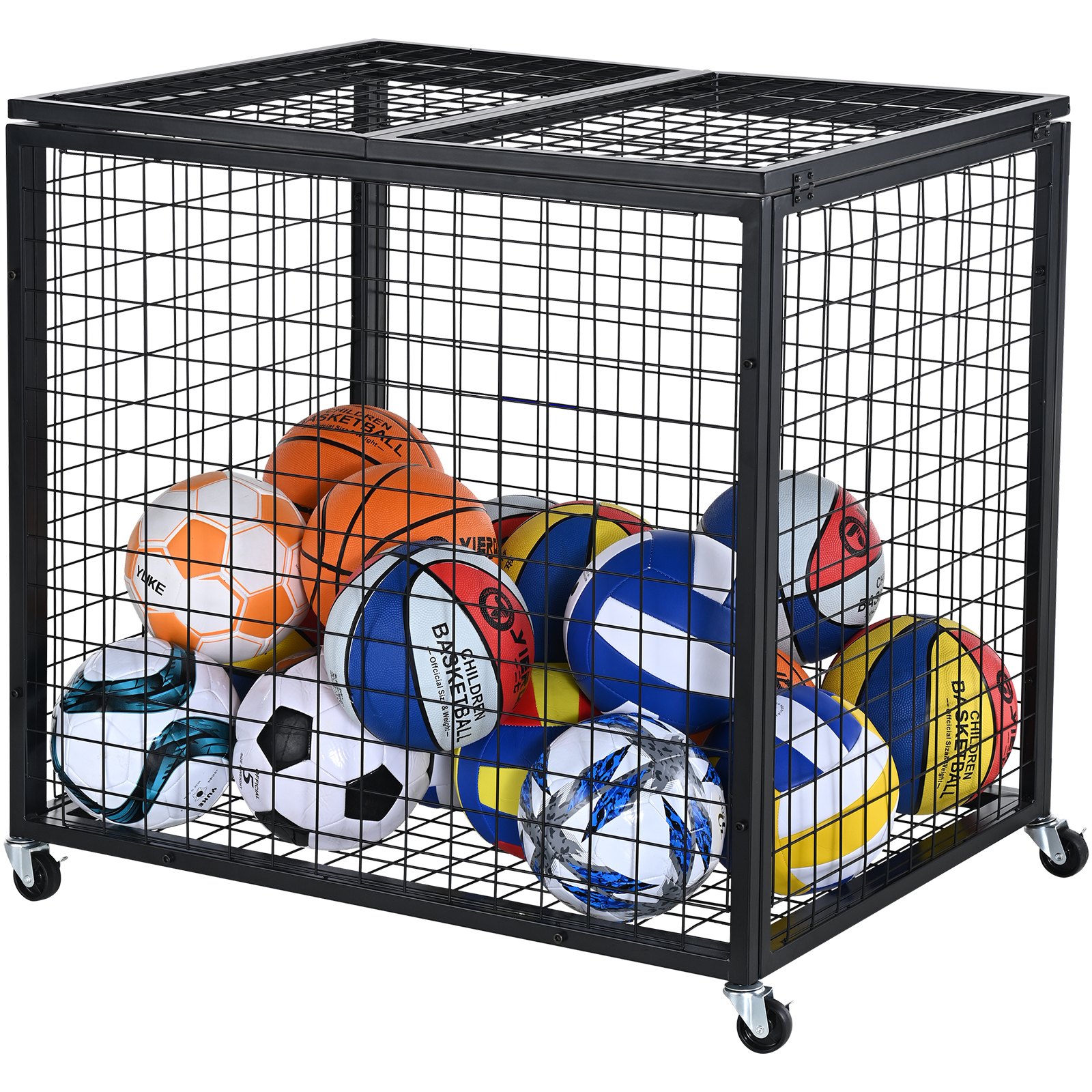 VEVOR sports ball storage cart holding various balls including basketballs, soccer balls, and volleyballs