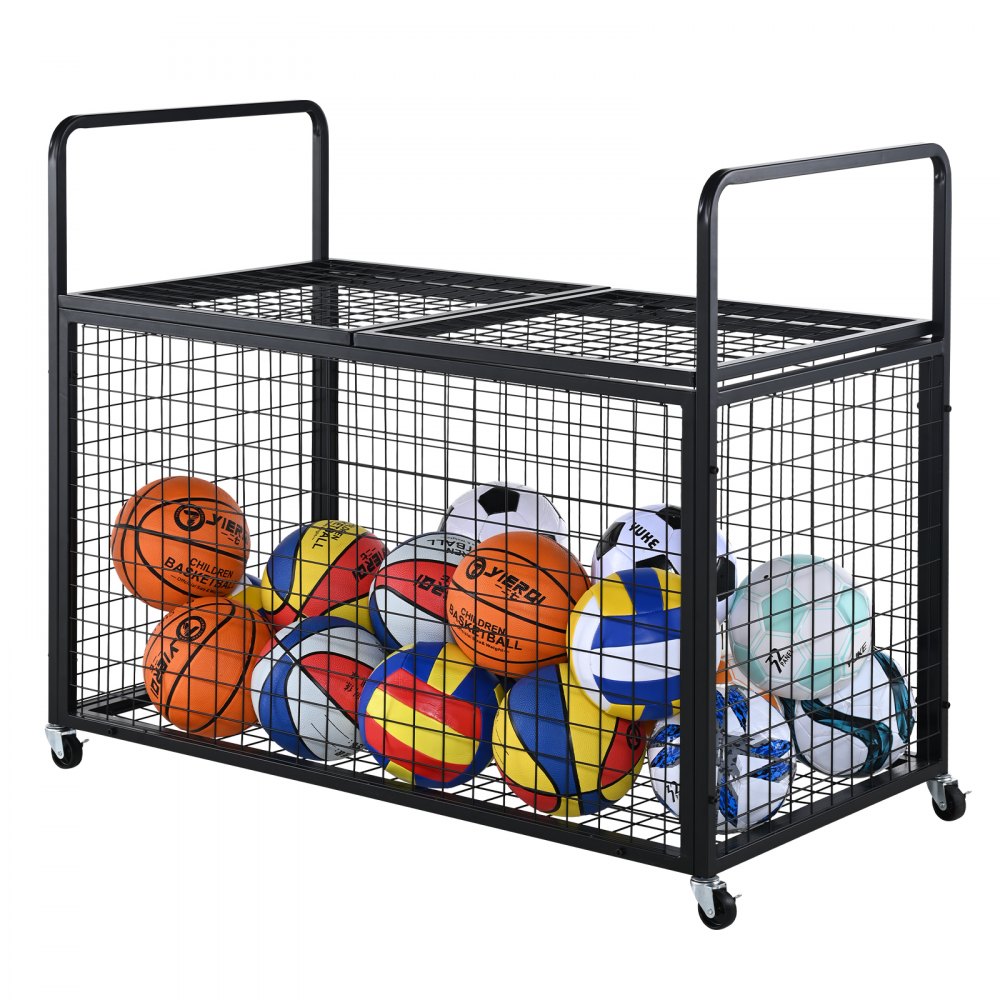 Pojízdný vozík na sportovní míče VEVOR, uzamykatelná basketbalová klec s dvojitým víkem, organizér držáku sportovního vybavení pro vnitřní venkovní použití, ocelový úložný stojan pro garáže, herní skupiny, tělocvičny a školy