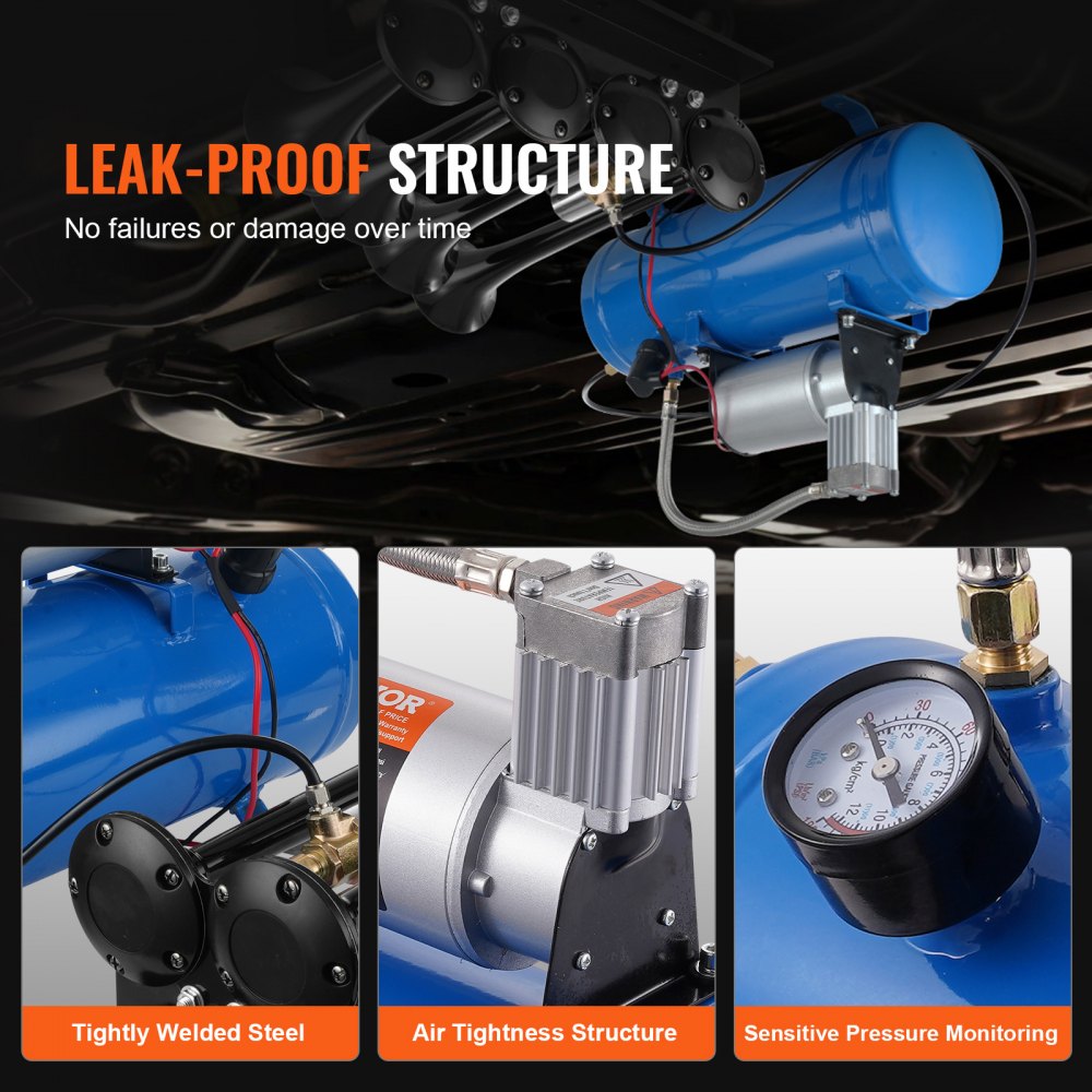 VEVOR 12v air compressor showcasing tightly welded steel, air tightness structure, and pressure monitoring.