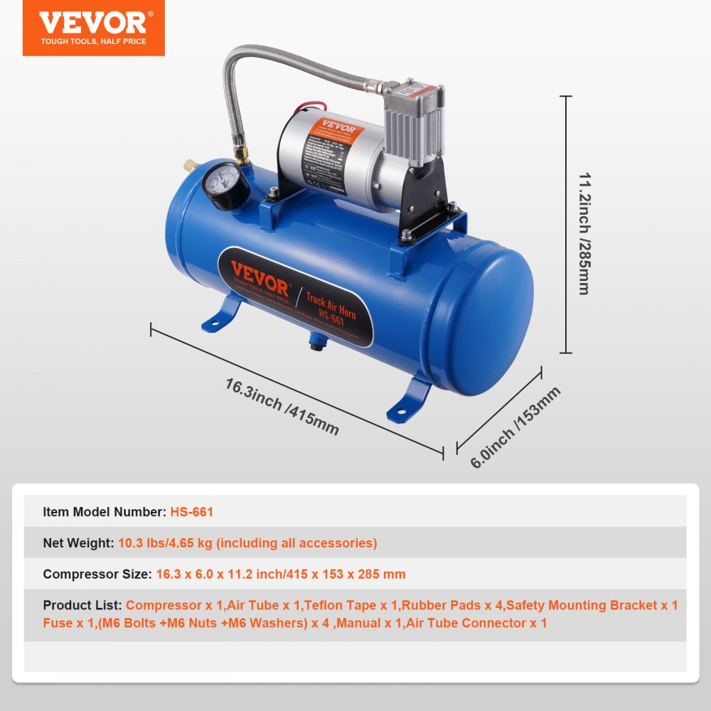 VEVOR 12V Air Compressor with Tank 1.6 Gallon/6 L, Train Horn Air Compressor, 120 psi Working Pressure Onboard Air Compressor System for Train Air Horns, Inflating Tires, Air Mattresses
