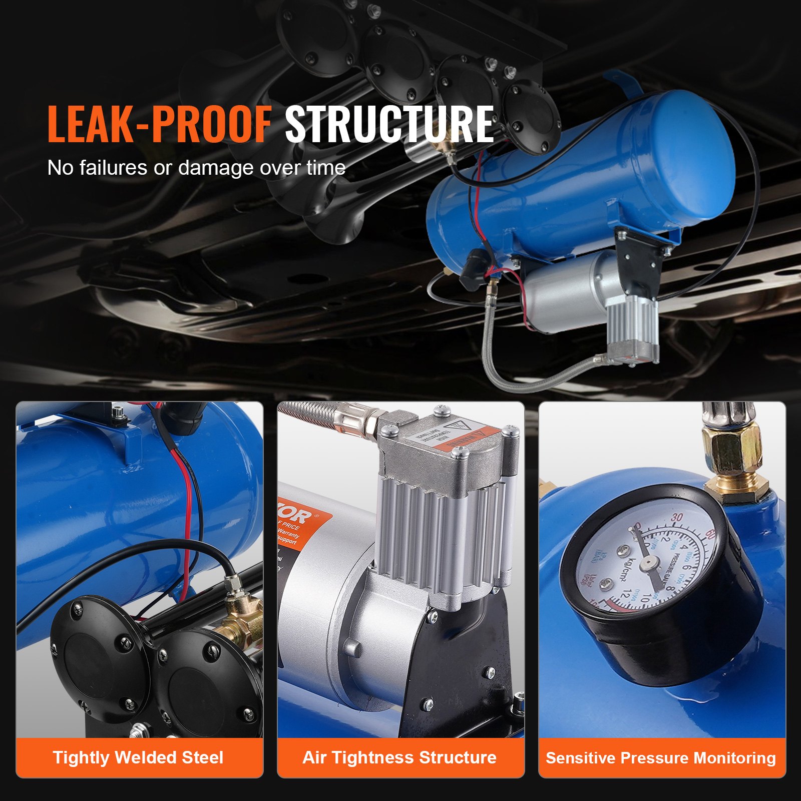 VEVOR 12v air compressor showcasing tightly welded steel, air tightness structure, and pressure monitoring.