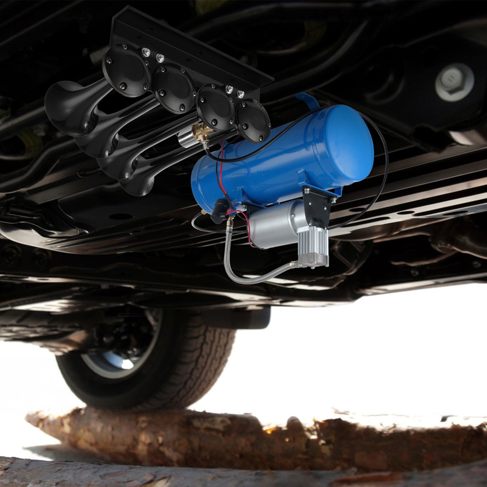 VEVOR 12v air compressor mounted under vehicle chassis with a blue tank and multiple black air horns.