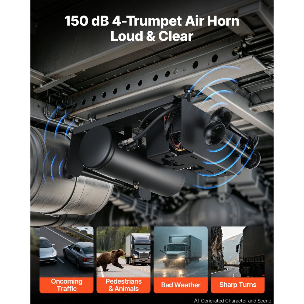 VEVOR 4-Trumpet Air Horn Kit with 150PSI 2.64 Gal Air Compressor Tank, 150dB Super Loud Train Air Horn, Strong Penetration, Pressure Gauge, Leak-Proof, Heavy-Duty, Fits 12V Truck SUV Off-Road Vehicles