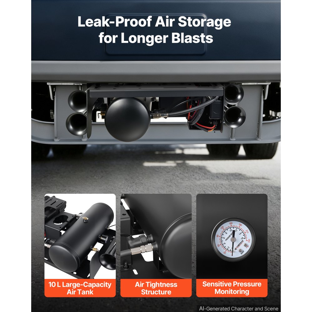 VEVOR 4-Trumpet Air Horn Kit with 150PSI 2.64 Gal Air Compressor Tank, 150dB Super Loud Train Air Horn, Strong Penetration, Pressure Gauge, Leak-Proof, Heavy-Duty, Fits 12V Truck SUV Off-Road Vehicles