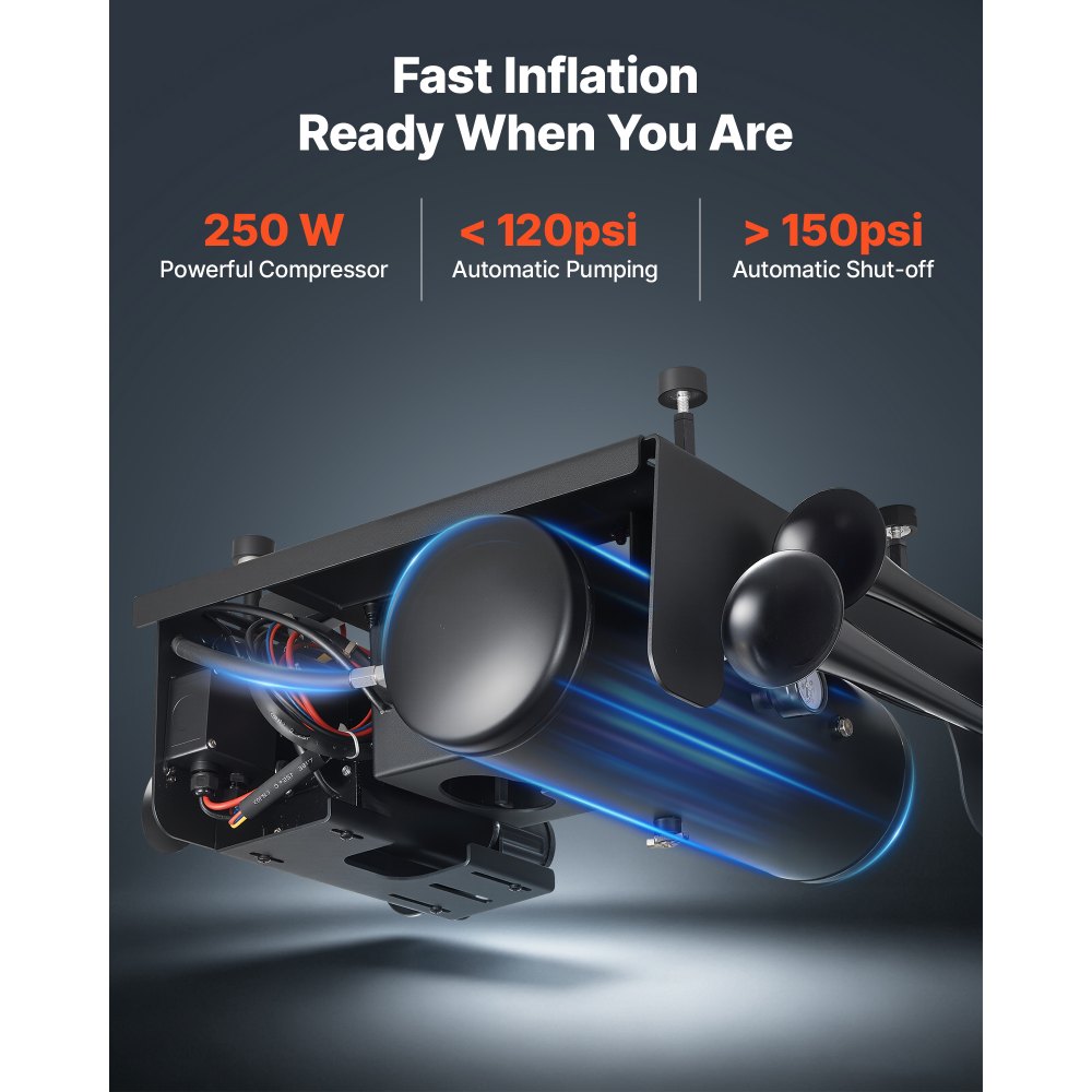 VEVOR 4-Trumpet Air Horn Kit with 150PSI 2.64 Gal Air Compressor Tank, 150dB Super Loud Train Air Horn, Strong Penetration, Pressure Gauge, Leak-Proof, Heavy-Duty, Fits 12V Truck SUV Off-Road Vehicles