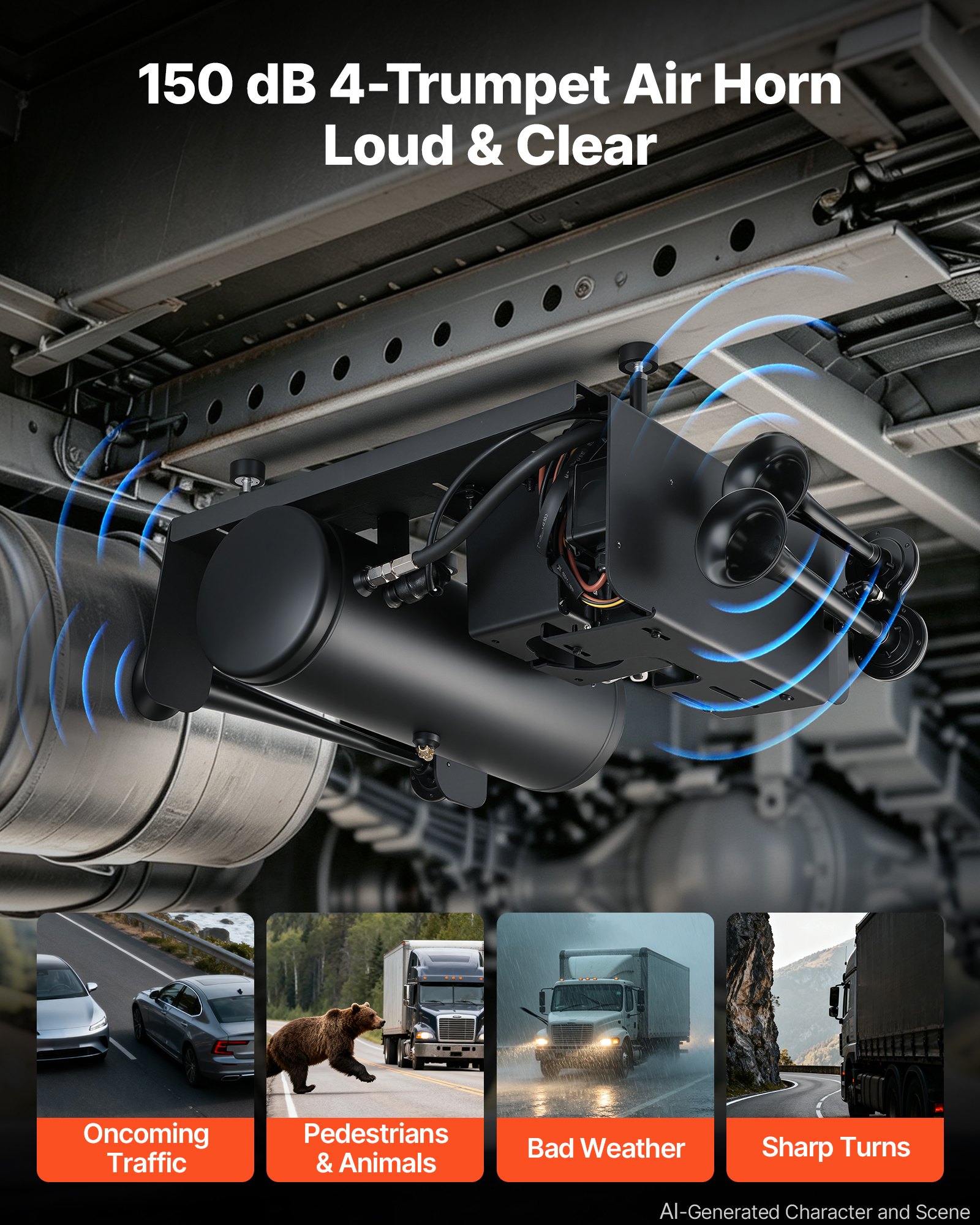 VEVOR 4-Trumpet Air Horn Kit with 150PSI 2.64 Gal Air Compressor Tank, 150dB Super Loud Train Air Horn, Strong Penetration, Pressure Gauge, Leak-Proof, Heavy-Duty, Fits 12V Truck SUV Off-Road Vehicles