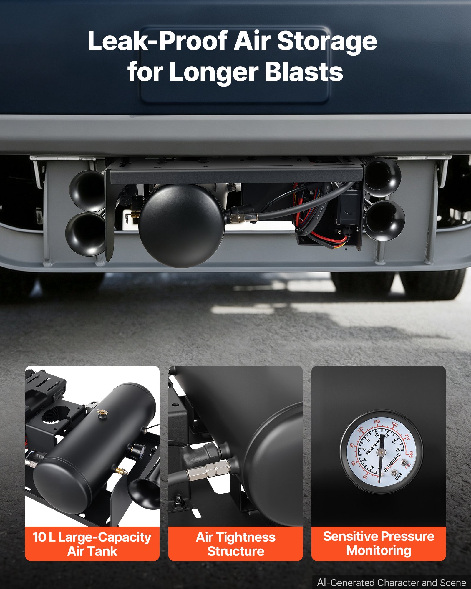 VEVOR 4-Trumpet Air Horn Kit with 150PSI 2.64 Gal Air Compressor Tank, 150dB Super Loud Train Air Horn, Strong Penetration, Pressure Gauge, Leak-Proof, Heavy-Duty, Fits 12V Truck SUV Off-Road Vehicles