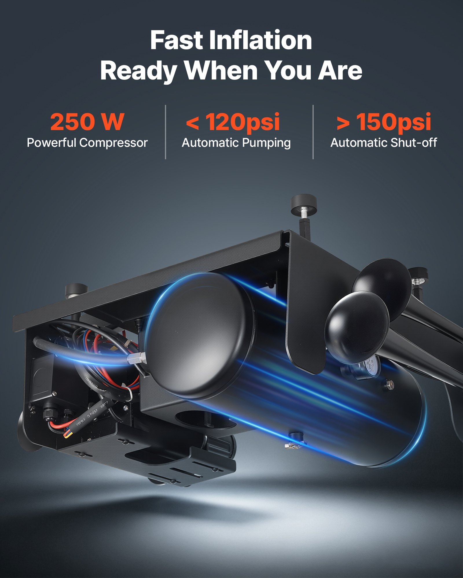 VEVOR 4-Trumpet Air Horn Kit with 150PSI 2.64 Gal Air Compressor Tank, 150dB Super Loud Train Air Horn, Strong Penetration, Pressure Gauge, Leak-Proof, Heavy-Duty, Fits 12V Truck SUV Off-Road Vehicles