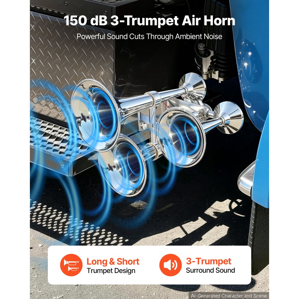 VEVOR 3-Trumpet Air Horn 150dB Super Loud Train Horn for Trucks SUVs, Fits 12V/24V Vehicles & Boats, Powerful Sound, Strong Penetration, Built-in Solenoid Valve, High Airtightness, Heavy-Duty Metal
